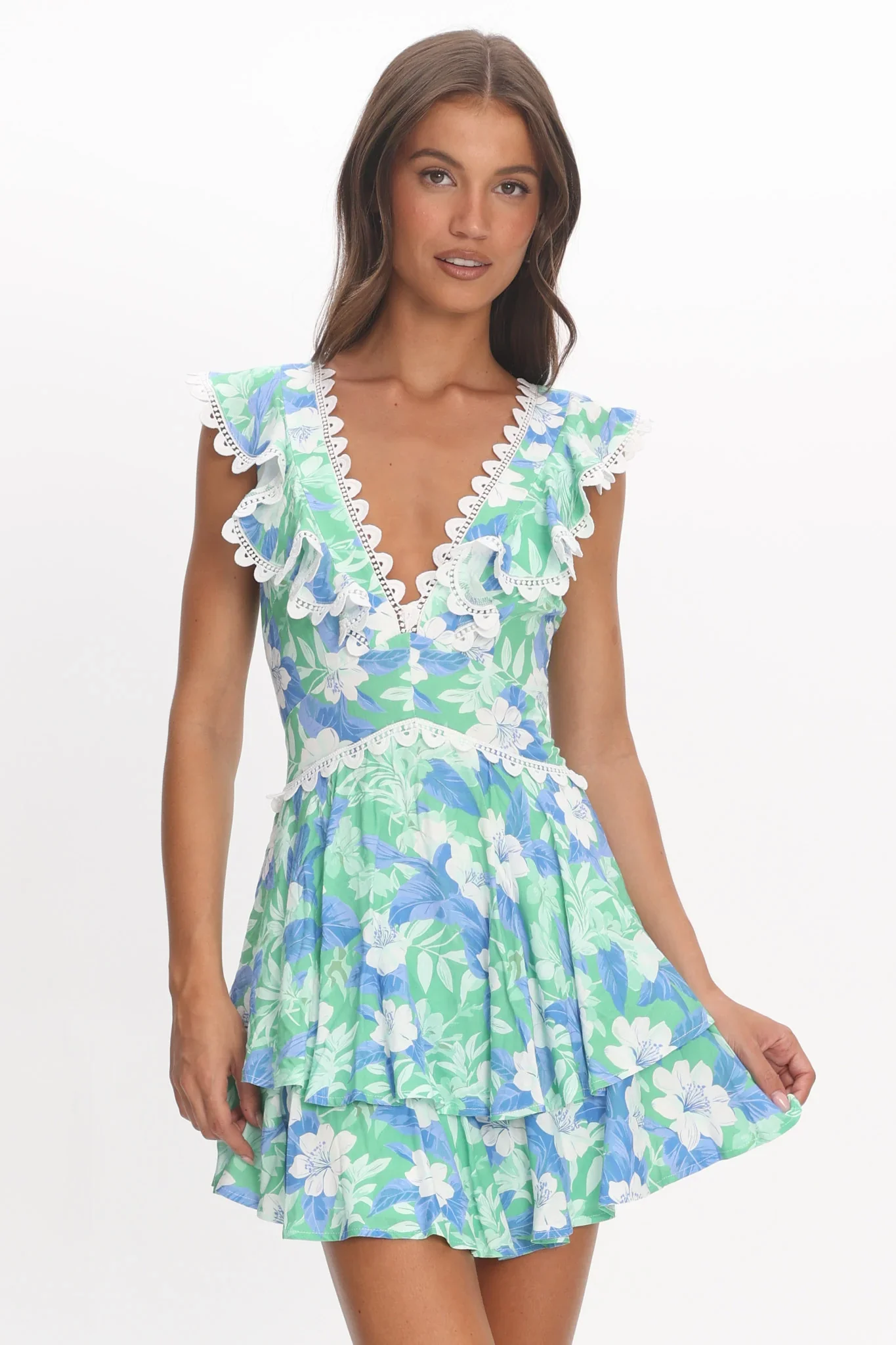 Charade Ruffle Shoulder Corset Back Dress Floral Green