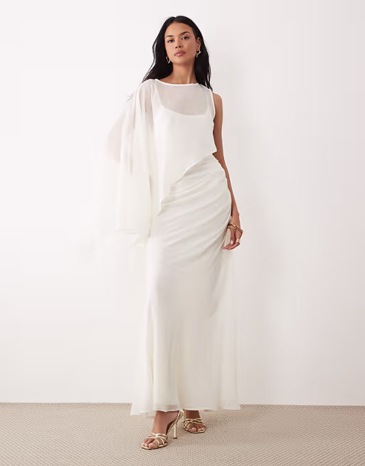 draped batwing asymmetric one sleeve maxi dress in ivory