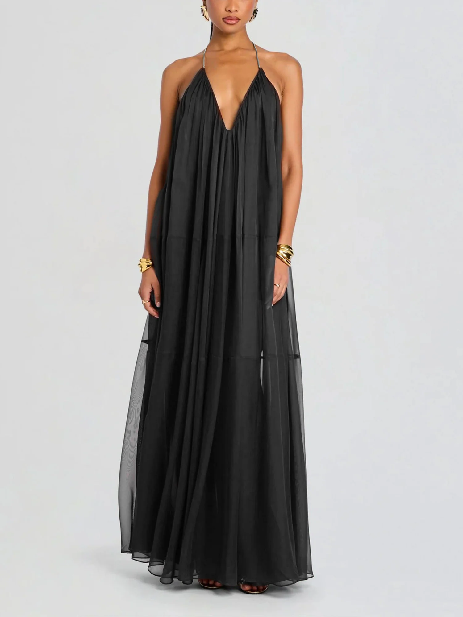 Sheer Draped Maxi Dress