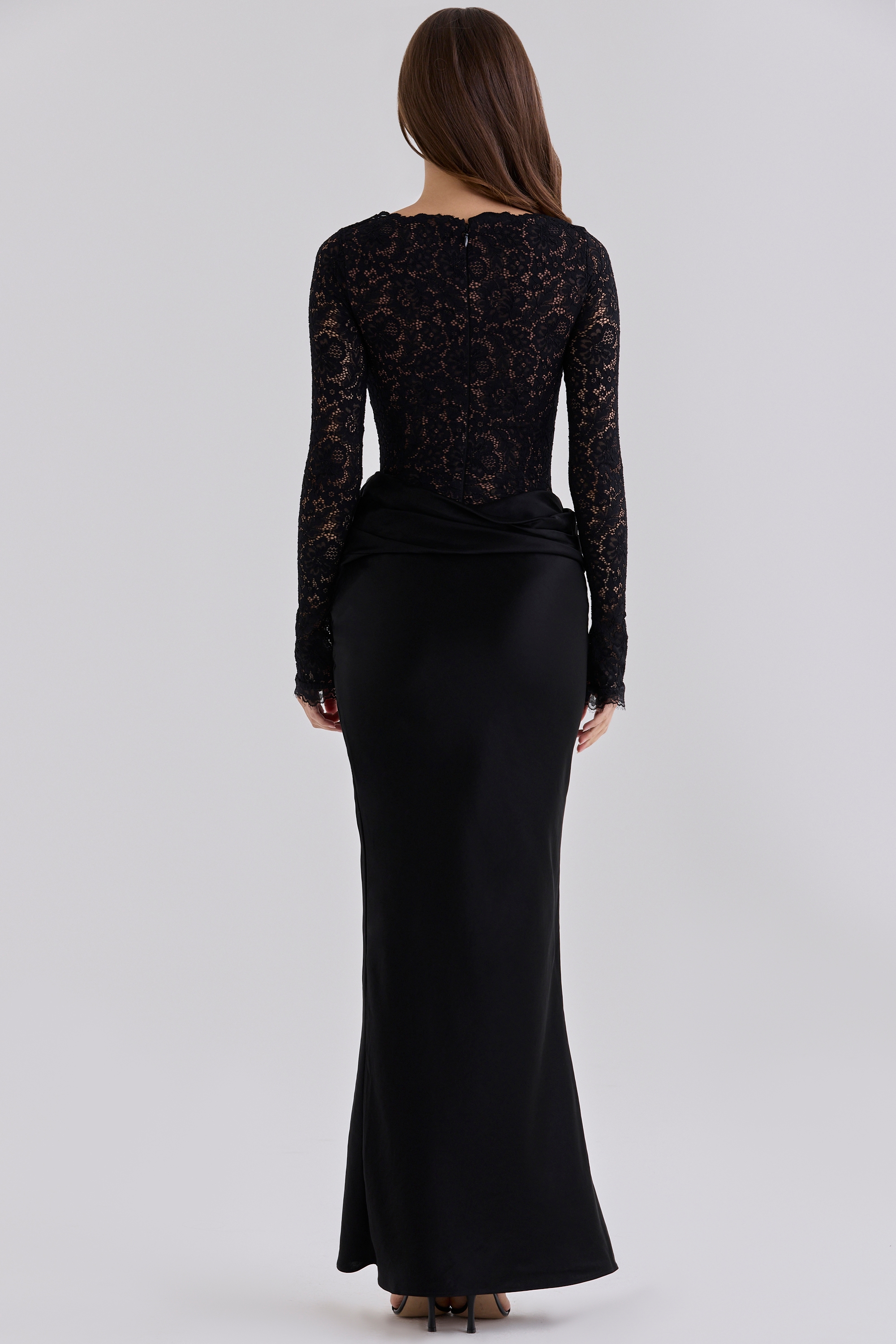 Black Corded Lace + Satin Draped Maxi Dress