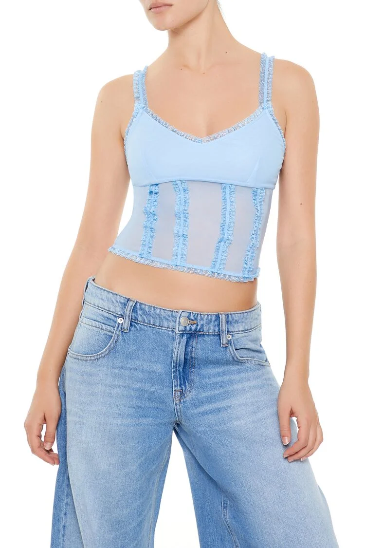 Mesh Ruffle-Trim Cropped Cami
