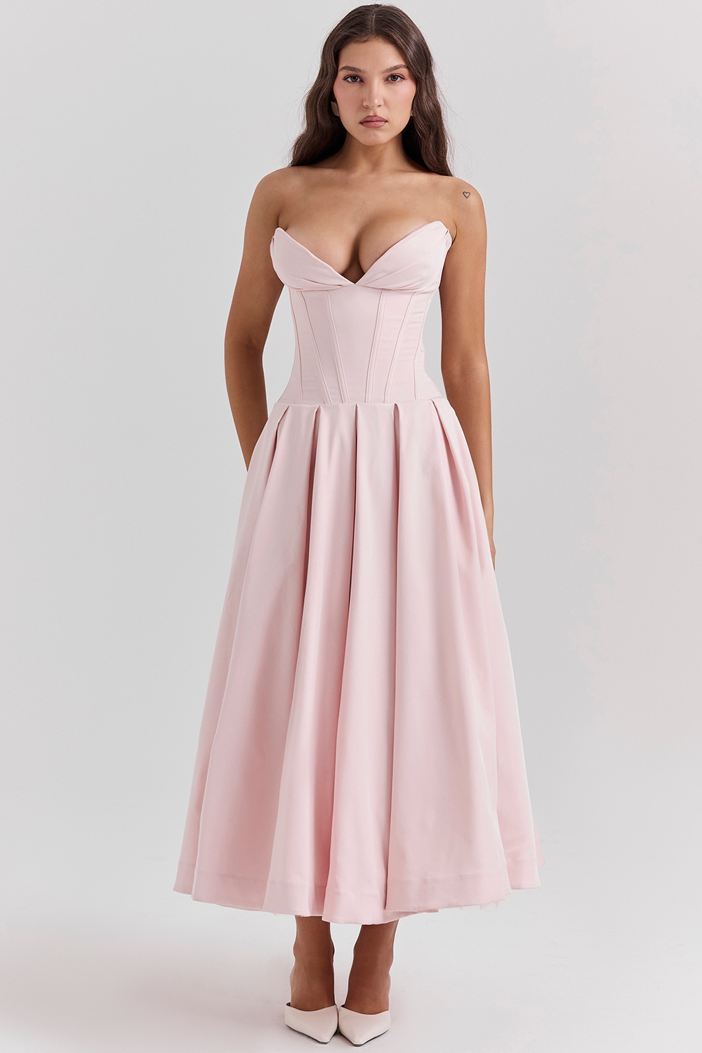 ballerina pink strapless midi dress