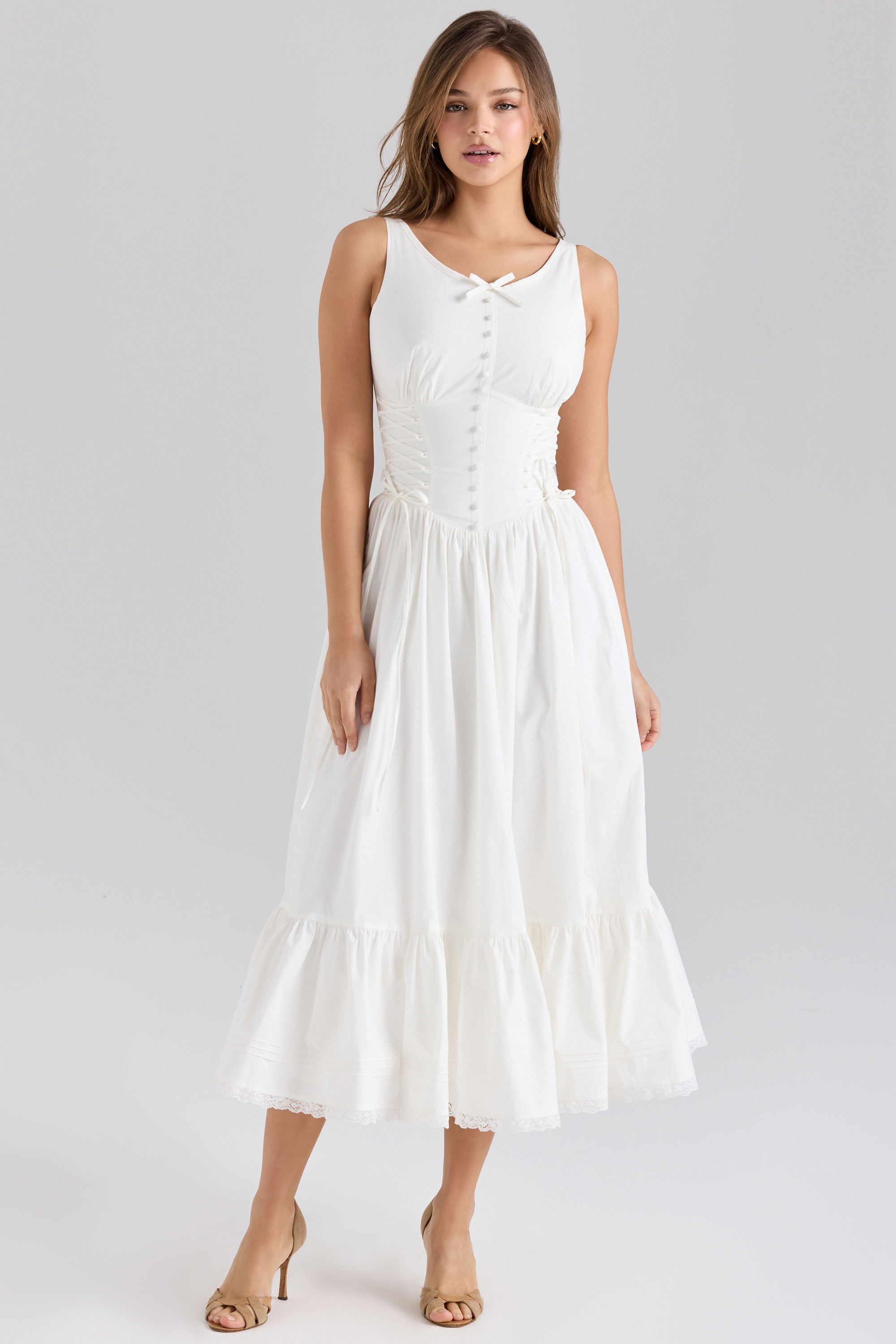 White Stretch Cotton Lace Up Midi Dress
