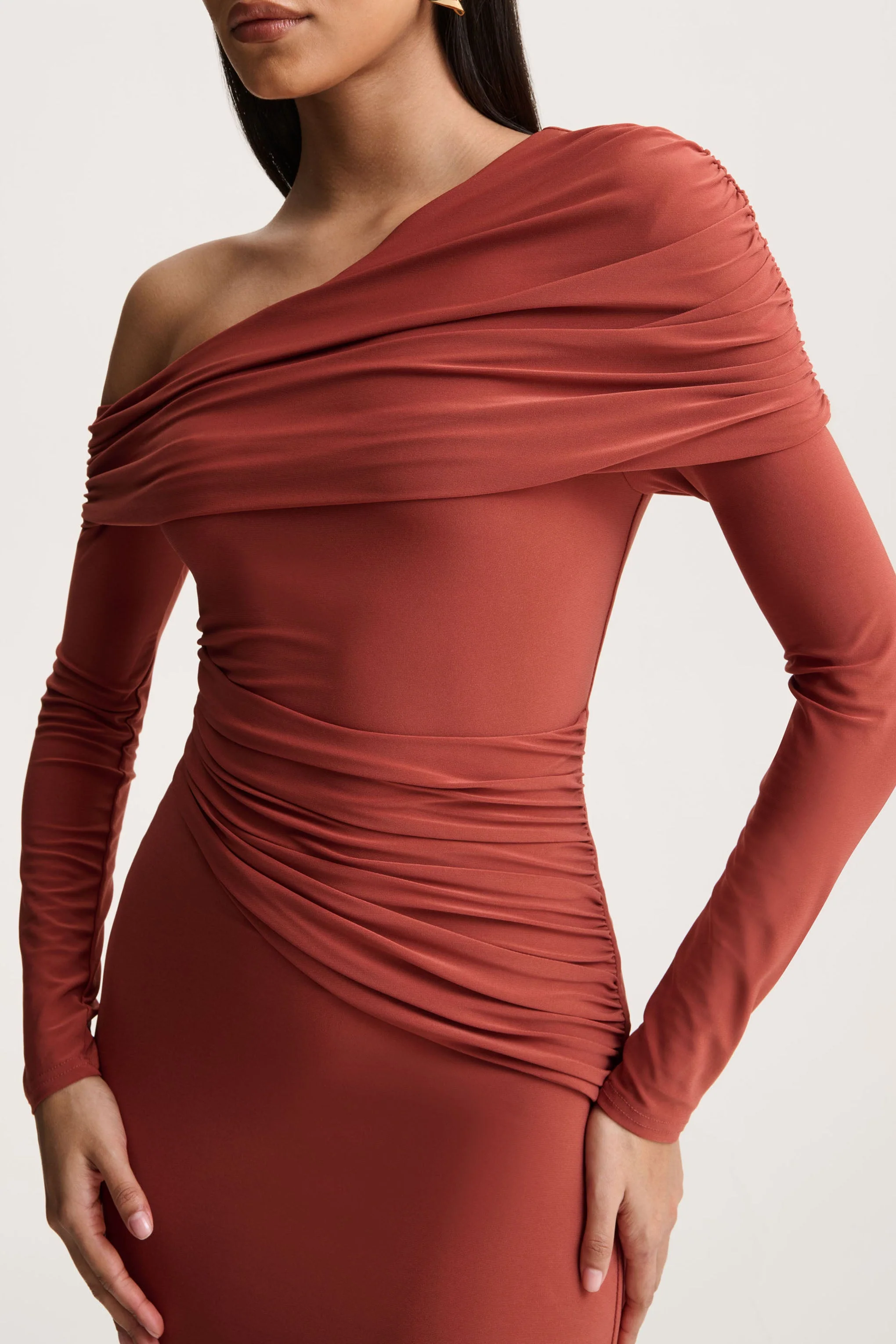 Elliora | Rust Asymmetric-Neck Midi Dress