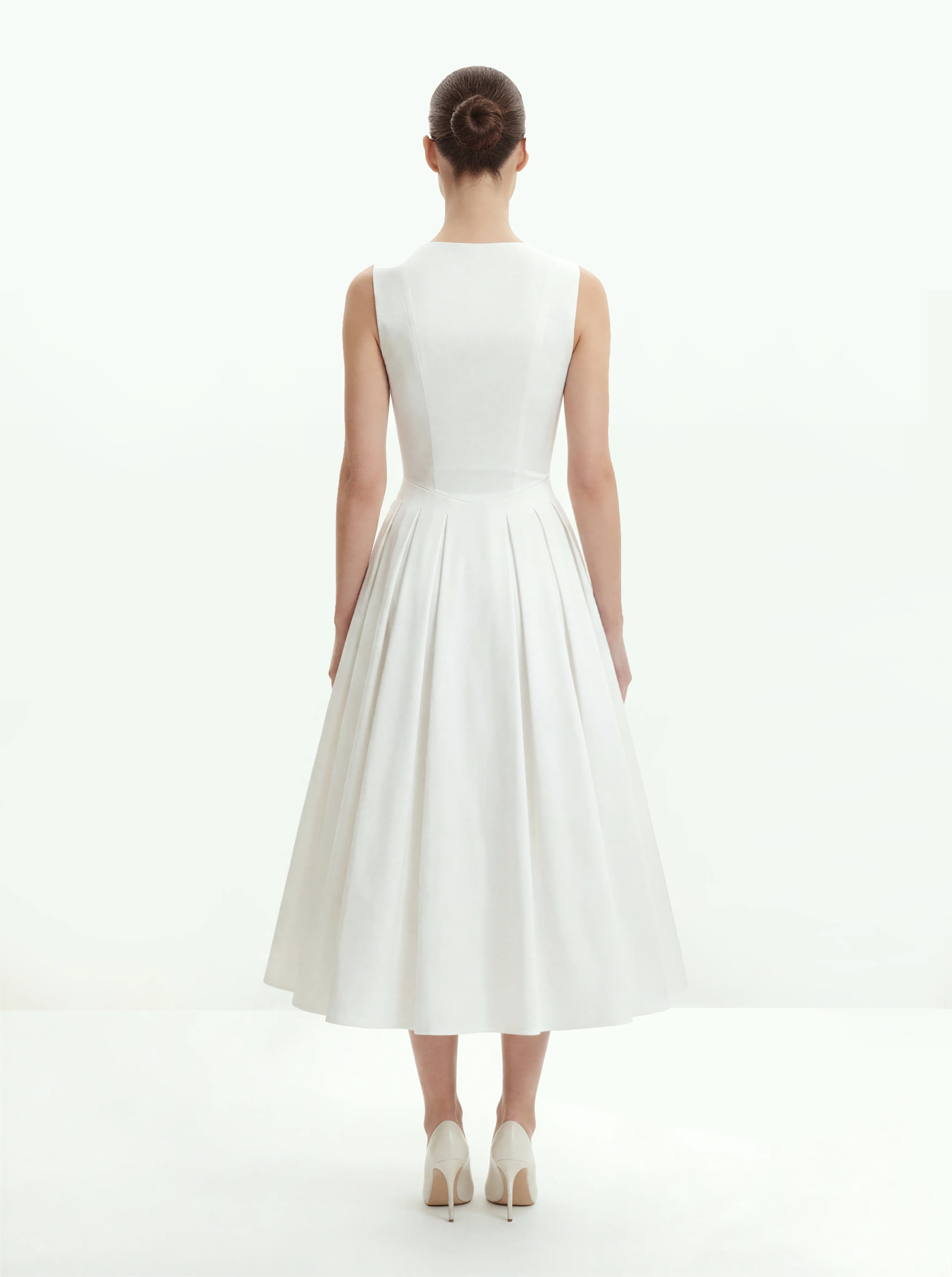 Front V-Neck Pleated Midi Dress - White - FASHION NOB