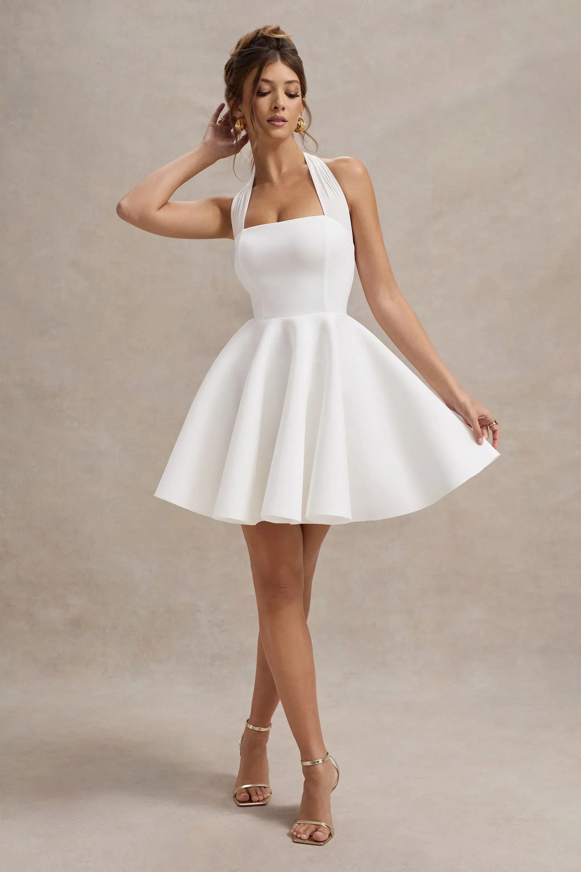 Peggy | White Halter-Neck Skater Mini Dress - luluinthesky