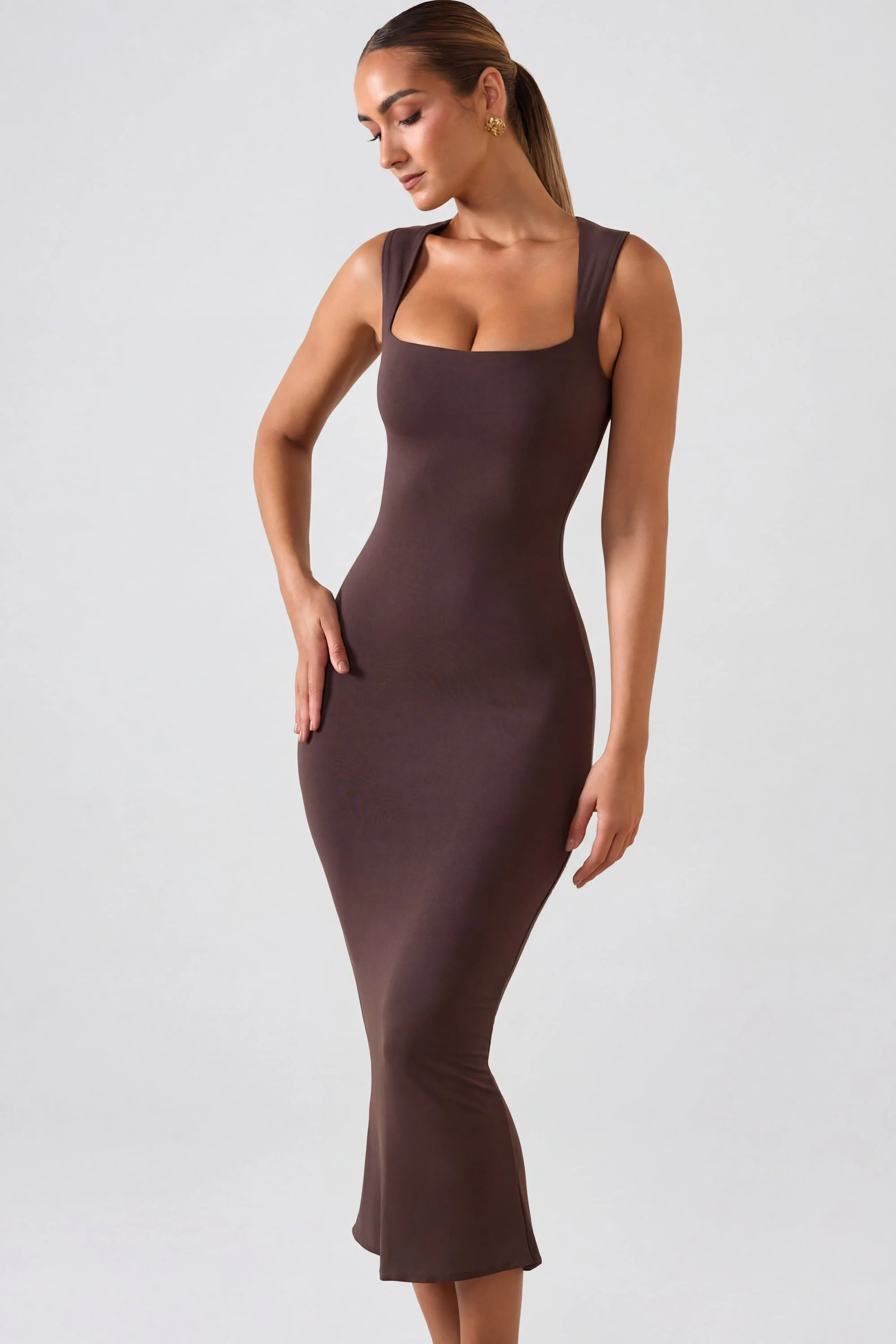Square Neck Midi Dress in Chocolate Brown