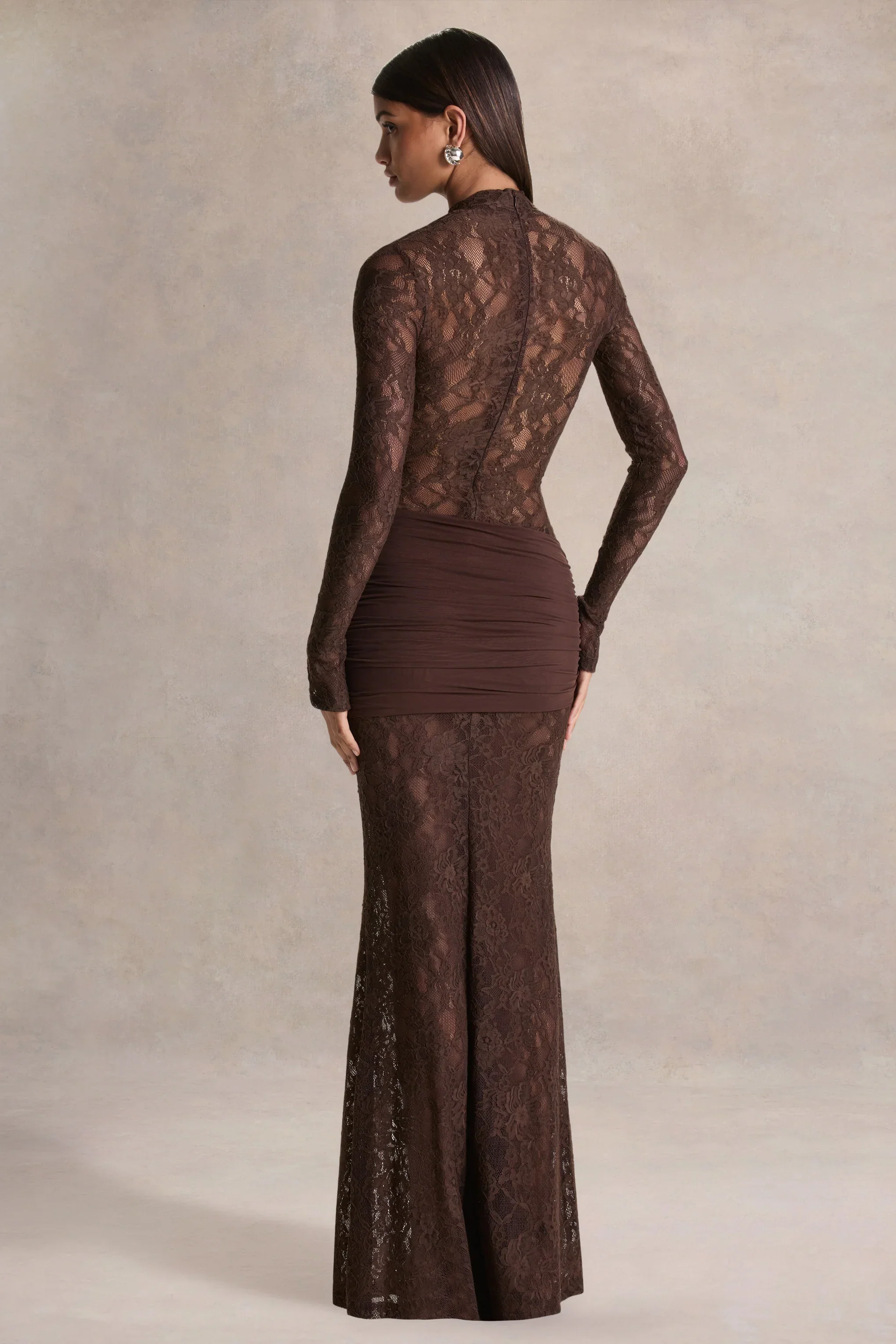 Akira | Brown Lace Maxi Dress With Sash-Detail