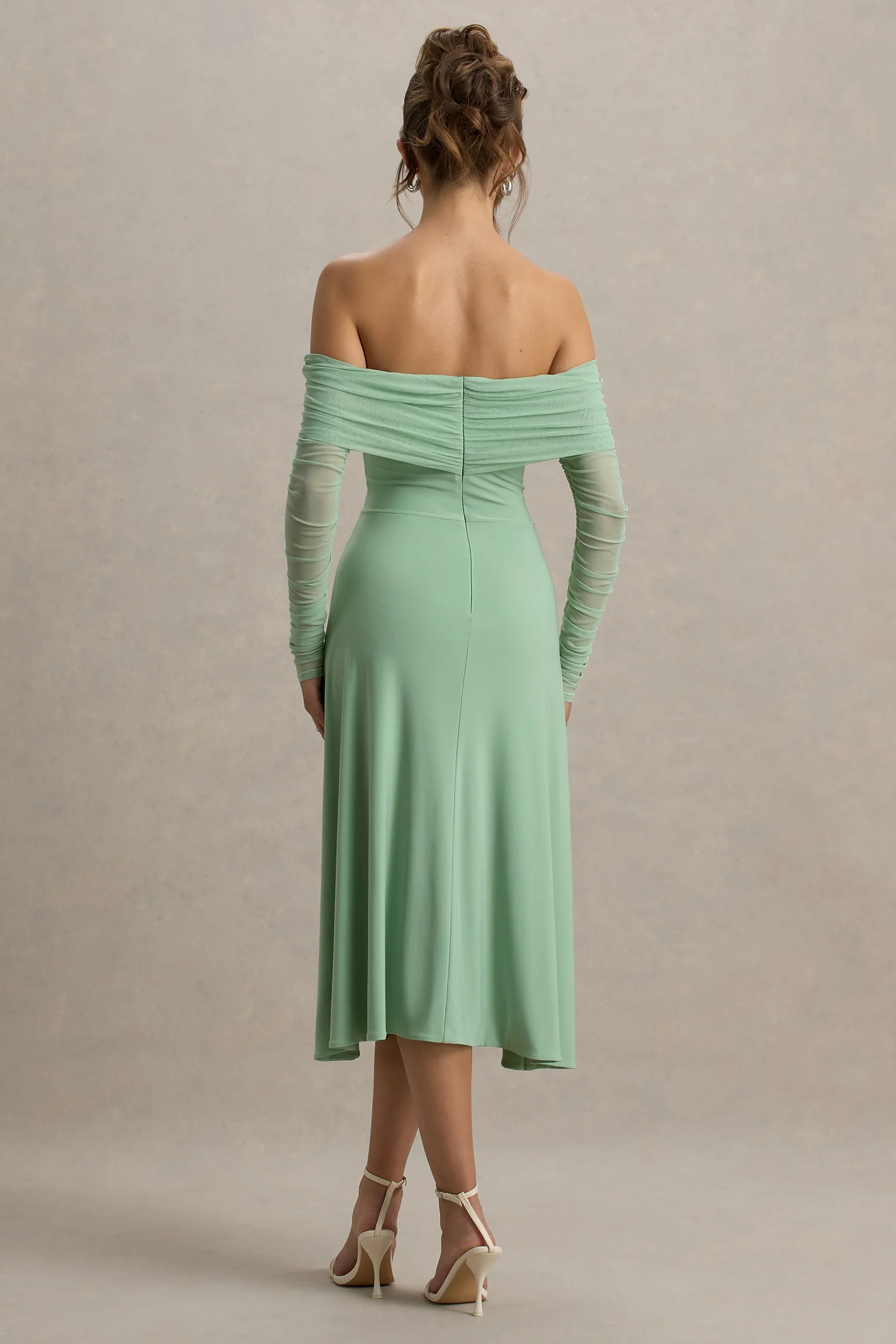Flatter Me | Light Green Bardot Midi Dress With Mesh Sleeves
