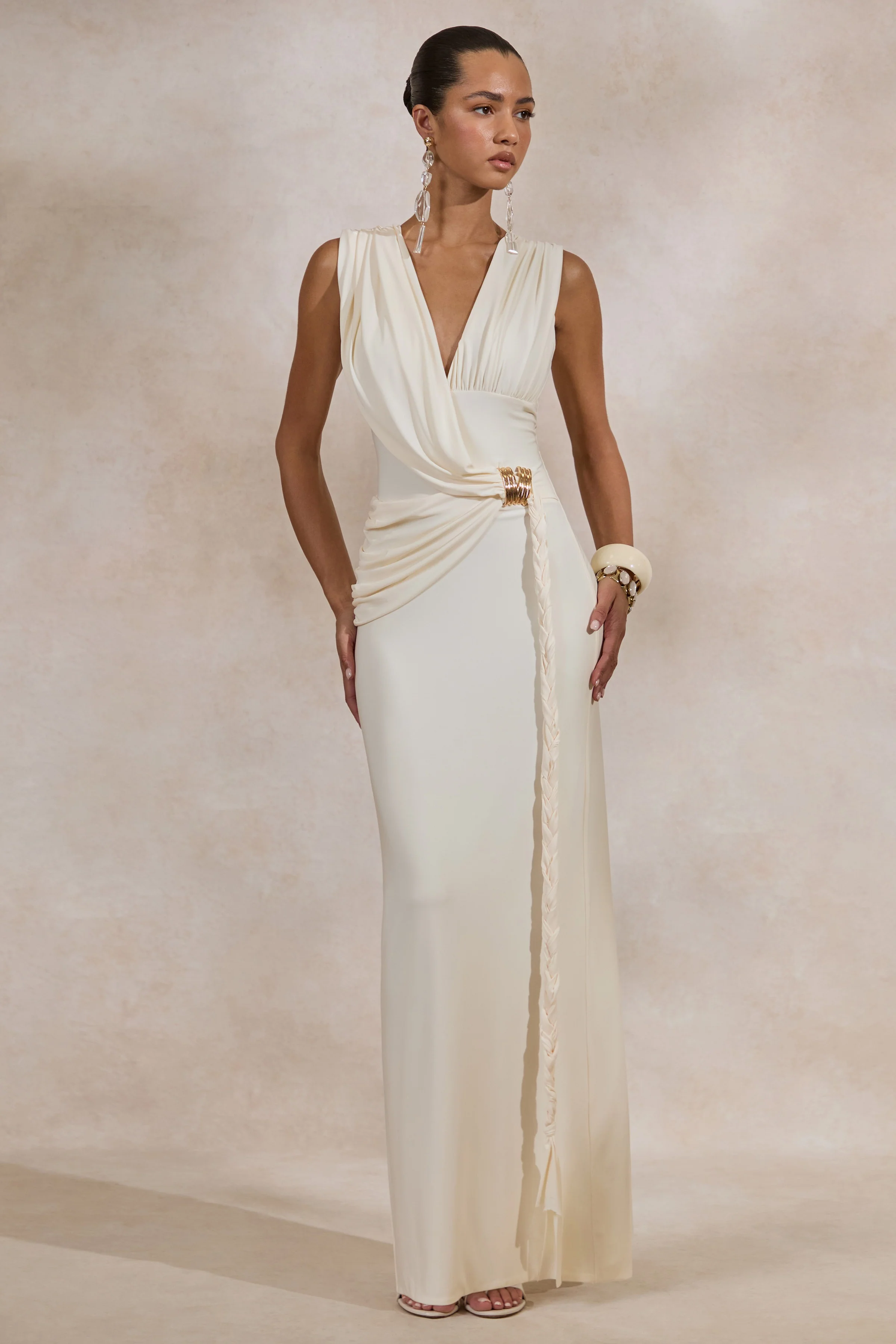 Nalina | Cream Plunge-Neck Maxi Dress With Gathered Detailing And Gold Detail - luluinthesky