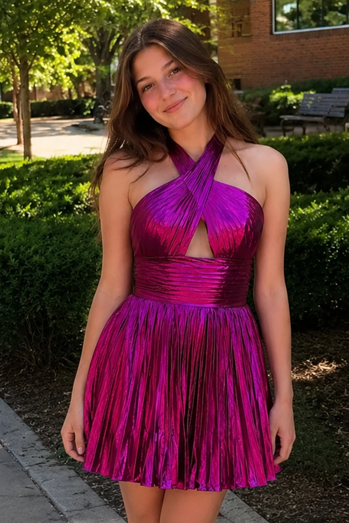 Metallic Fuchsia Halter Keyhole Pleated Short Homecoming Dress