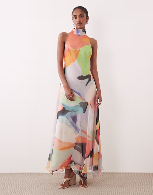chiffon high neck maxi dress in multi abstract print