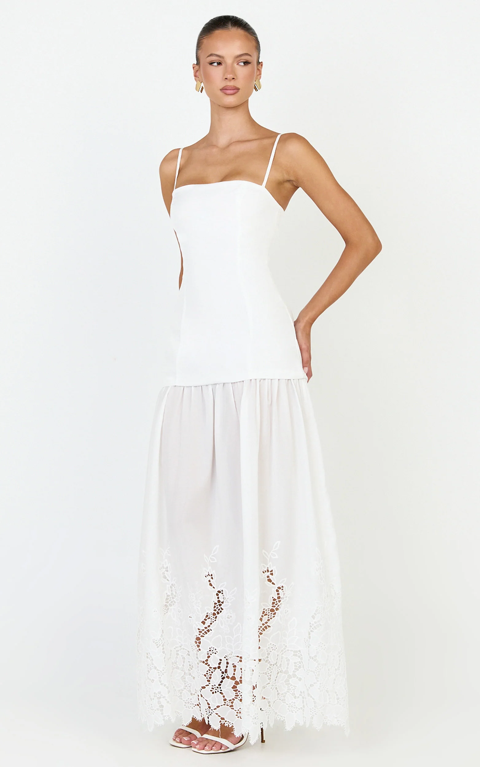 Everly Maxi Dress - Straight Neck Broderie Cut Out Hem Dress in White