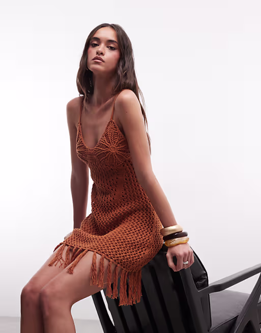 premium hand crochet fringe midi dress in rust
