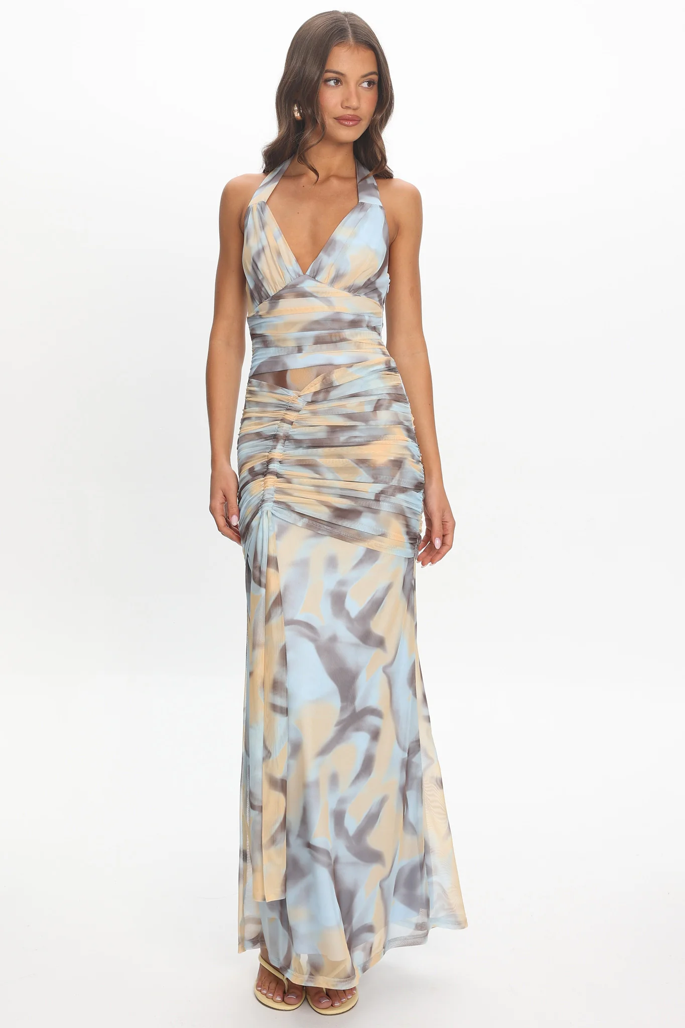 Luli Ruched Halterneck Maxi Dress Abstract Light Blue