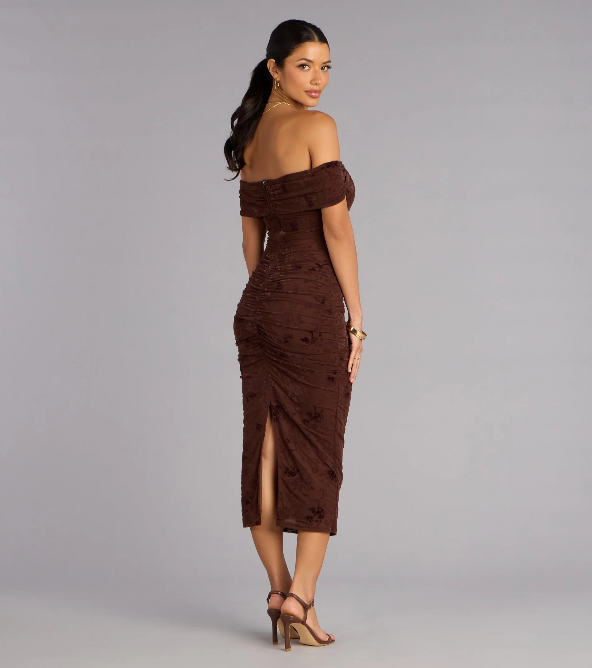 Sweet Chic Flocked Floral Off-The-Shoulder Midi Dress