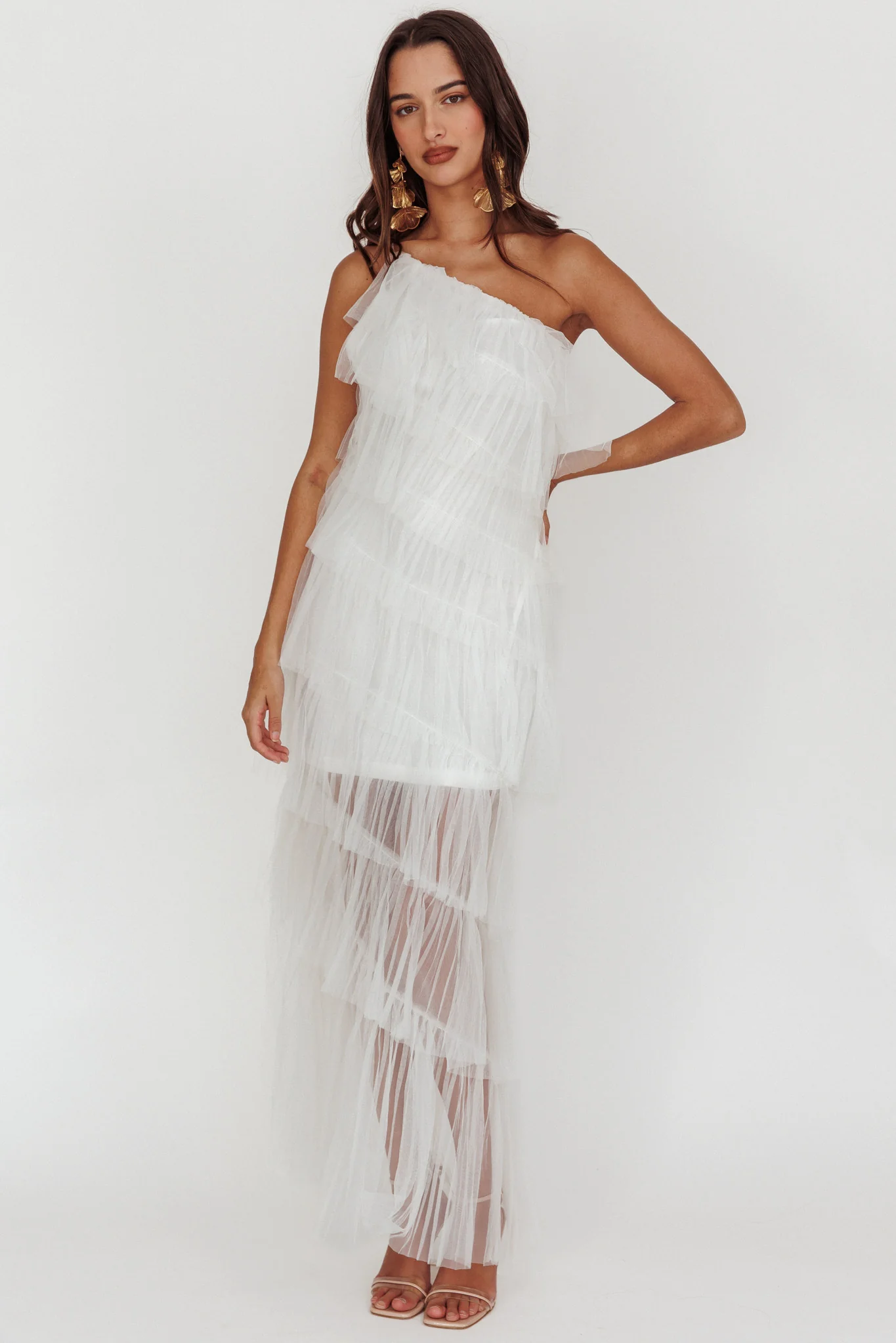 Arrabel Tiered Ruffle Tulle Maxi Dress White