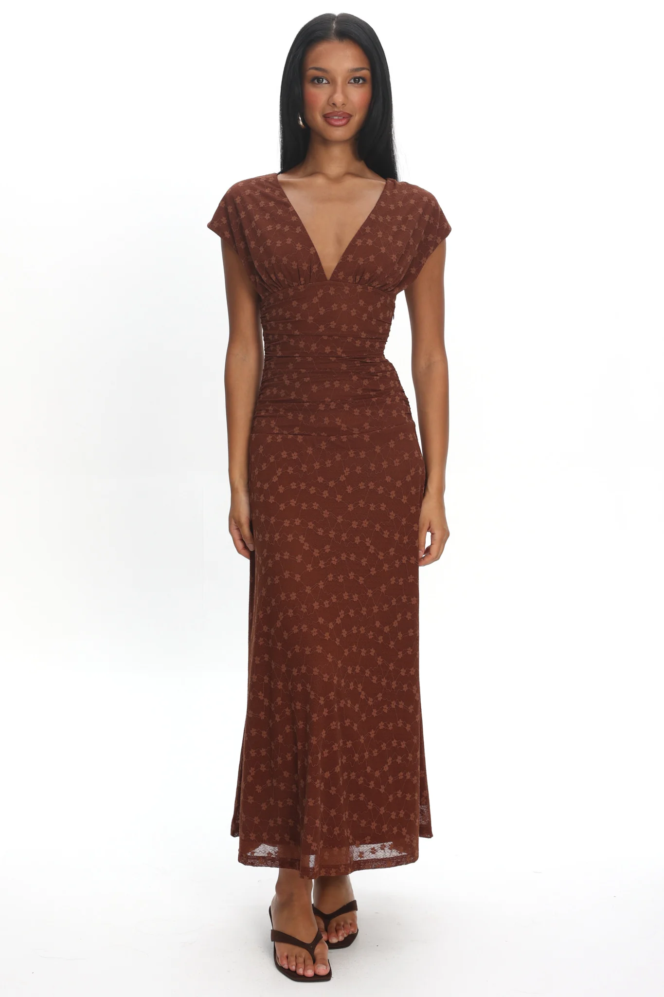 Novia Ruched Bodice Maxi Dress Embroidered Chocolate - luluinthesky