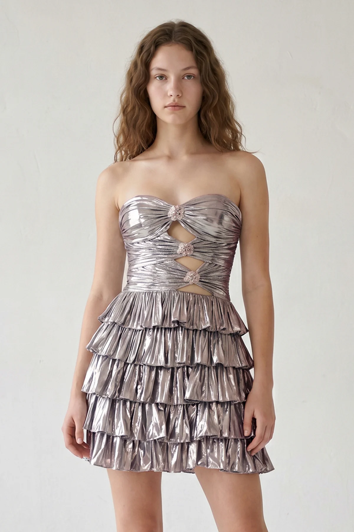Gold Strapless A Line Metallic Tiered Homecoming Dress With Beading