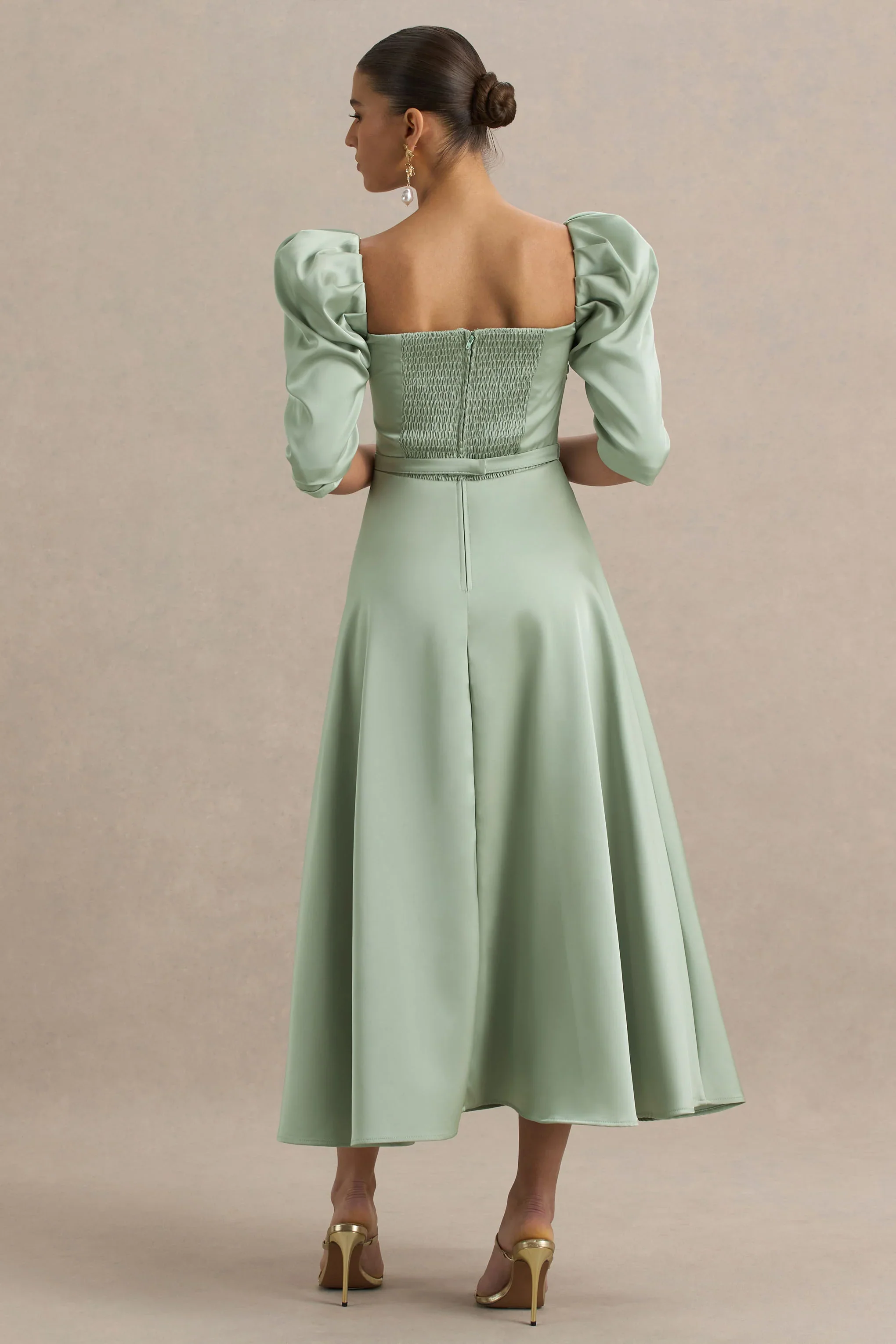 Rosey | Green Satin Sweetheart Midi Dress