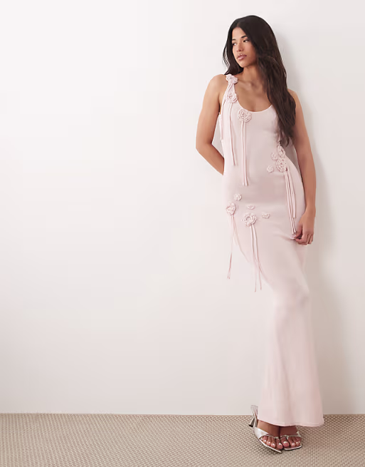 Wanderdoll Lillie knit scoop neck and back corsage tassel detailing maxi dress in baby pink
