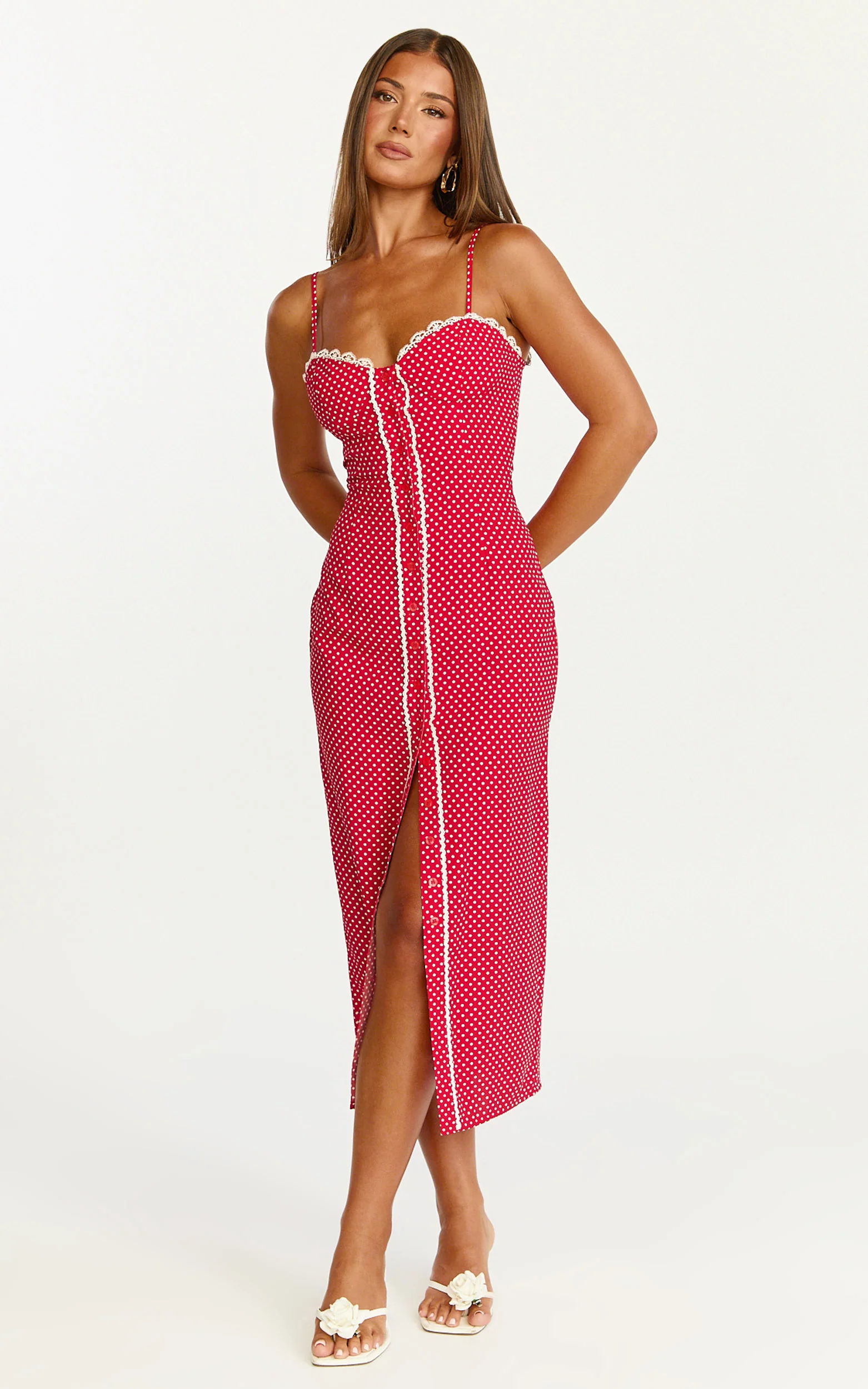 Camille Midi Dress - Button Front Bustier Lace Trim Fitted Dress in Red