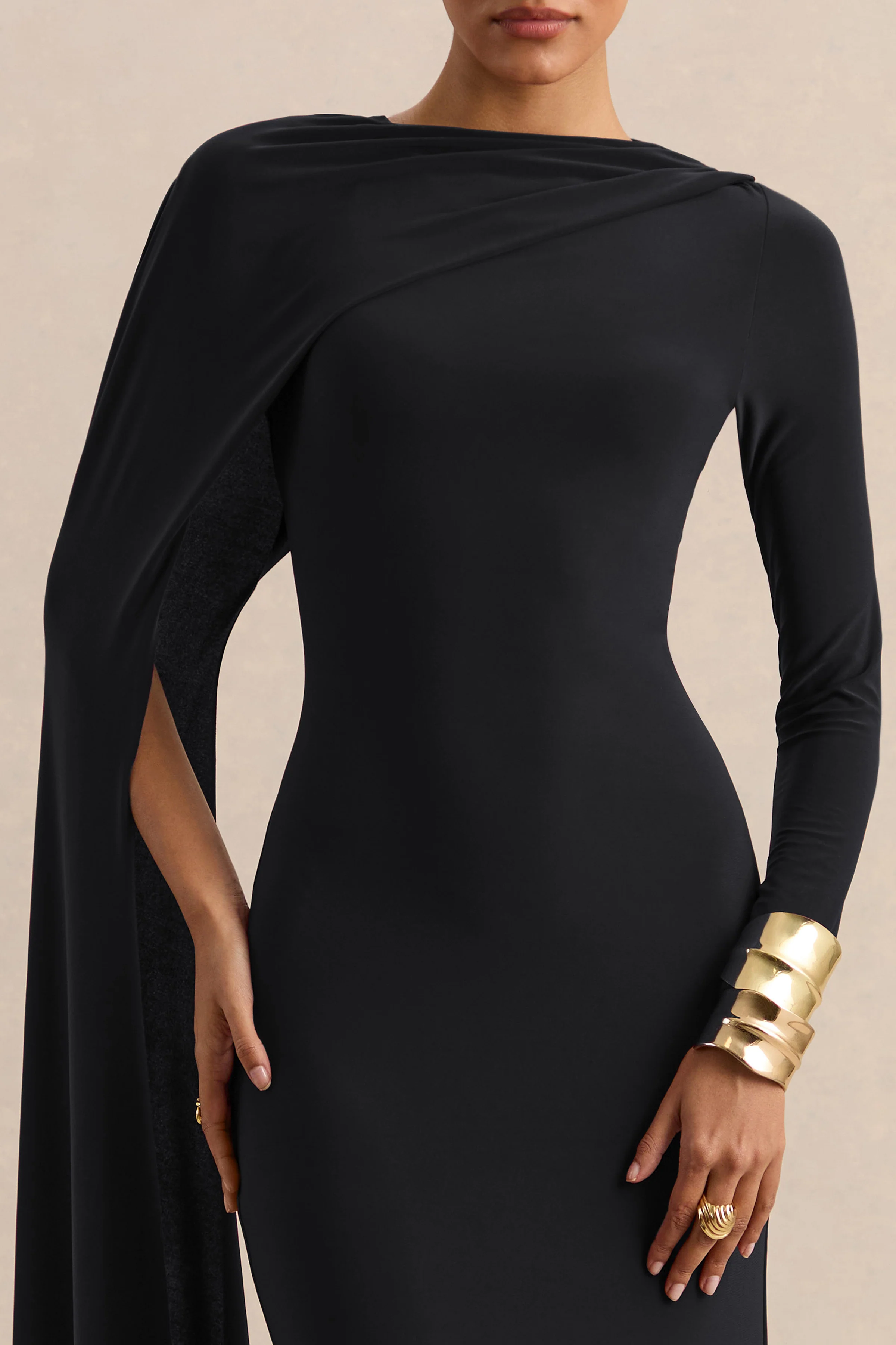 Halina | Black High-Neck Maxi Dress With Cape-Sleeve