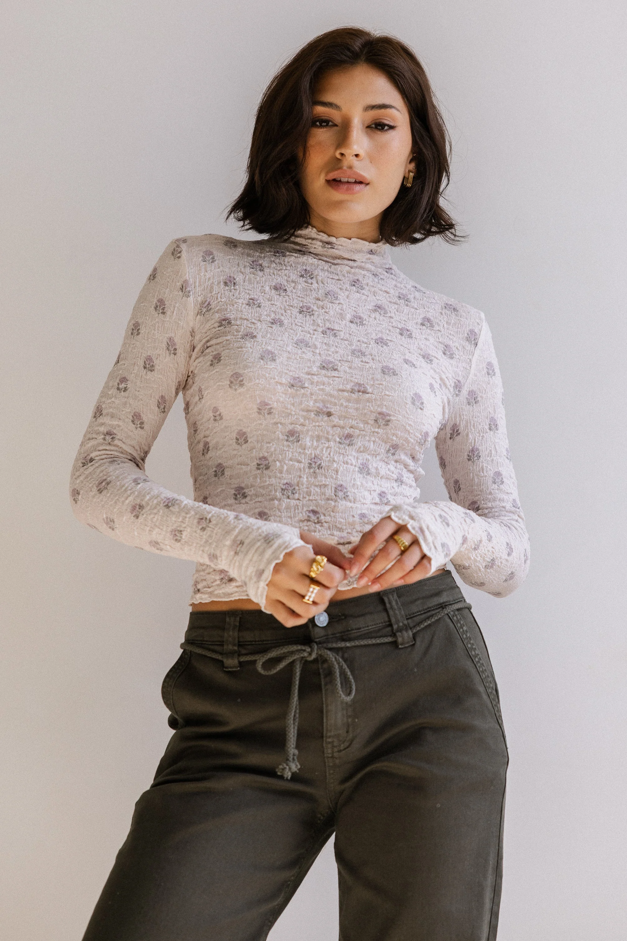 Winnie Floral Crinkle Top in Ivory