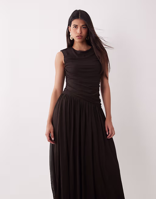 Vero Moda sleeveless ruched detail maxi dress with asymmetric waist in brown