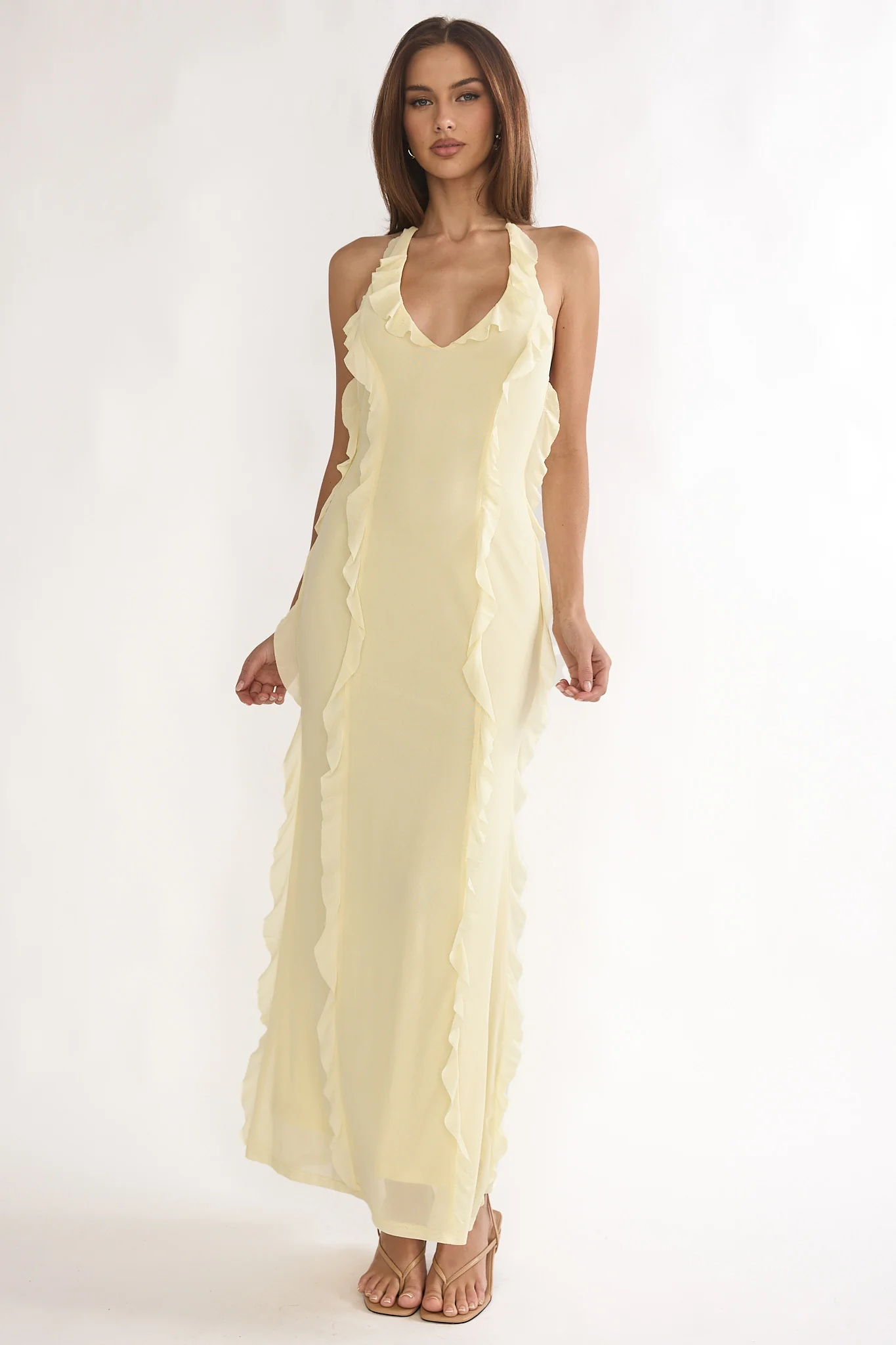 Collins Halter Ruffle Trim Maxi Dress Butter - luluinthesky