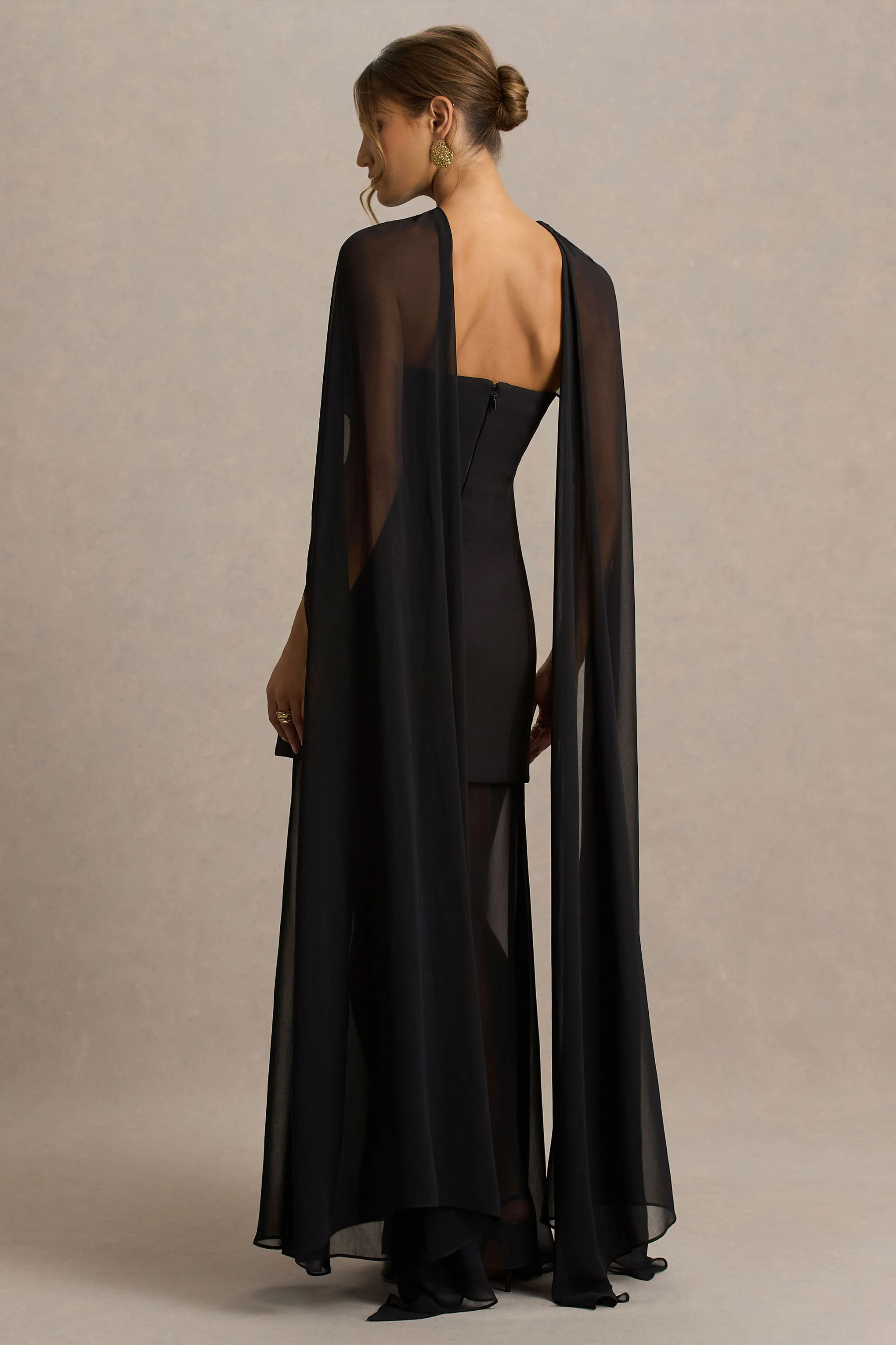 Chessa | Black Slashed-Neck Maxi Dress With Sheer Cape