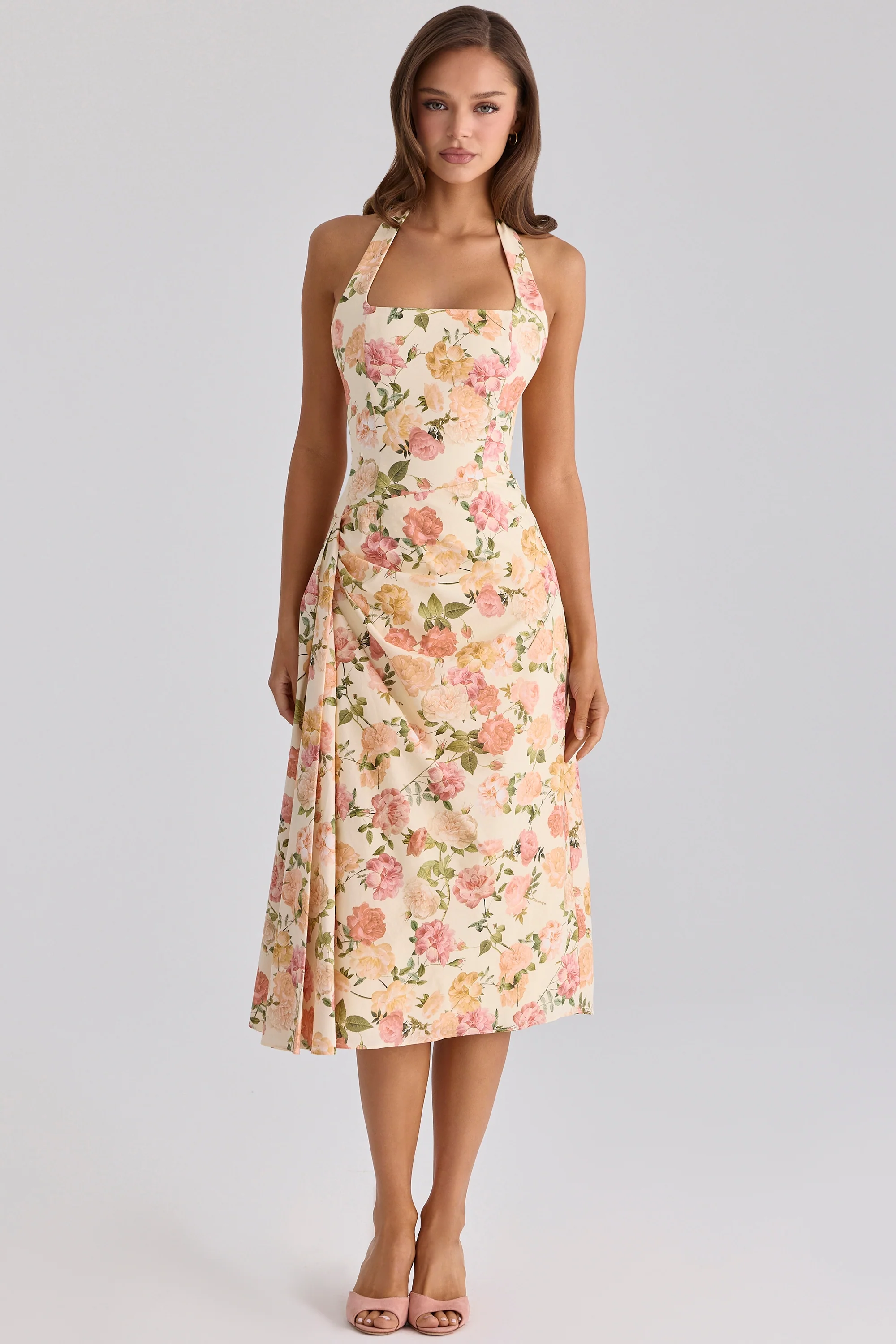 Warm Rose Print Halter Neck Cotton Midi Dress