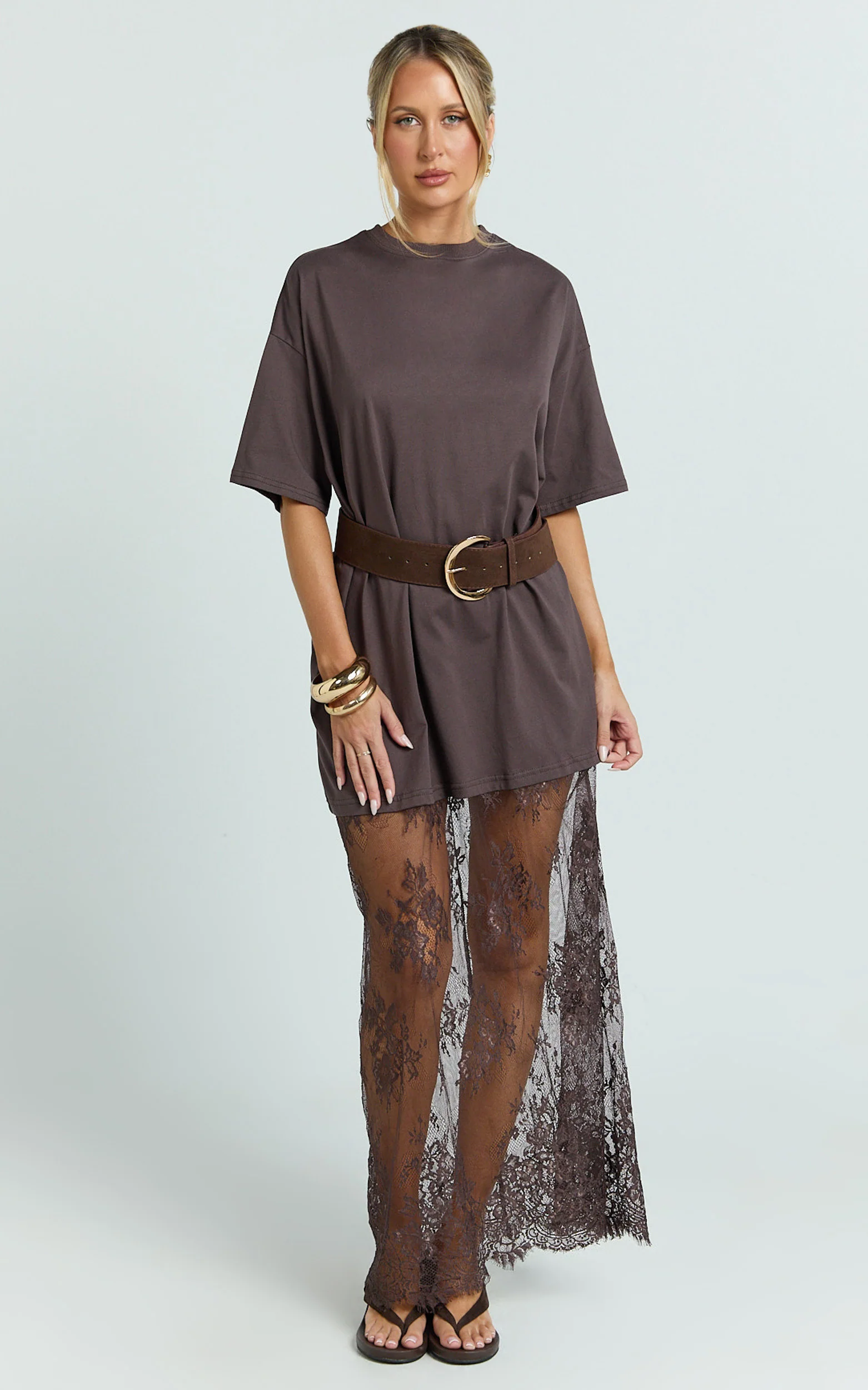 Jonna Midi Dress - Longline Lace Insert Tee in Chocolate
