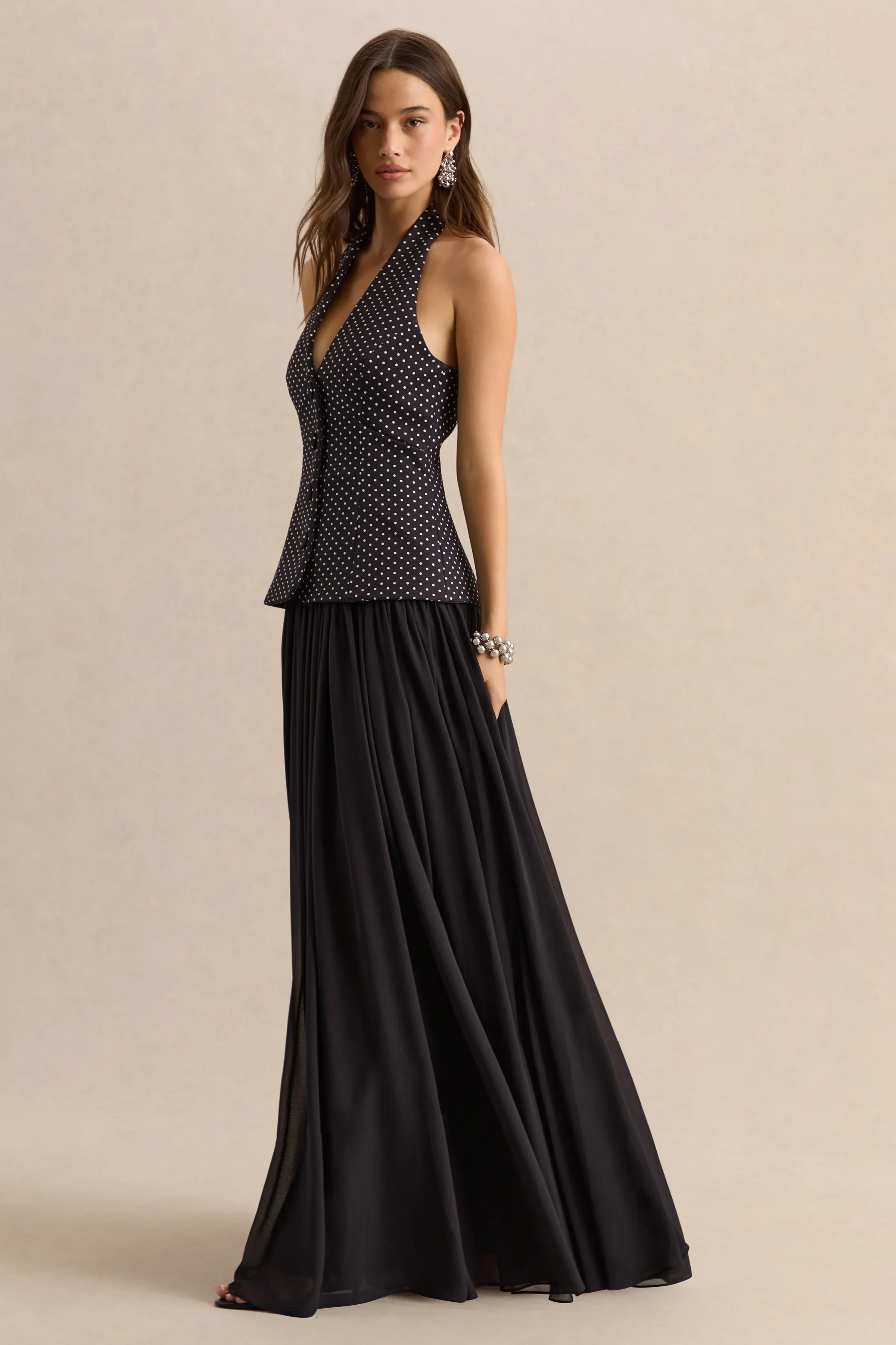 Zarina | Black & White Plunge-Neck Maxi Dress