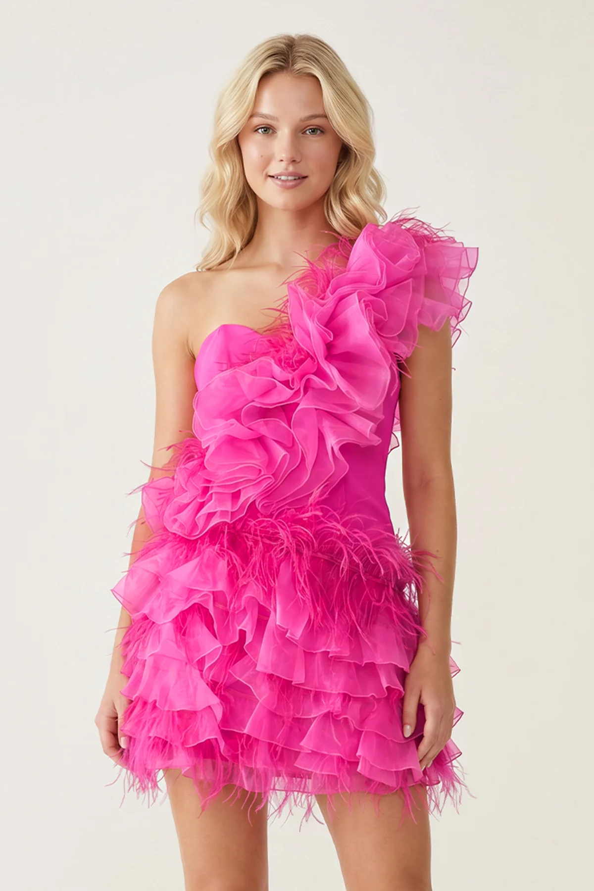 Ruffled Tulle Shoulder Hot Pink Short Homecoming Dress with Feather