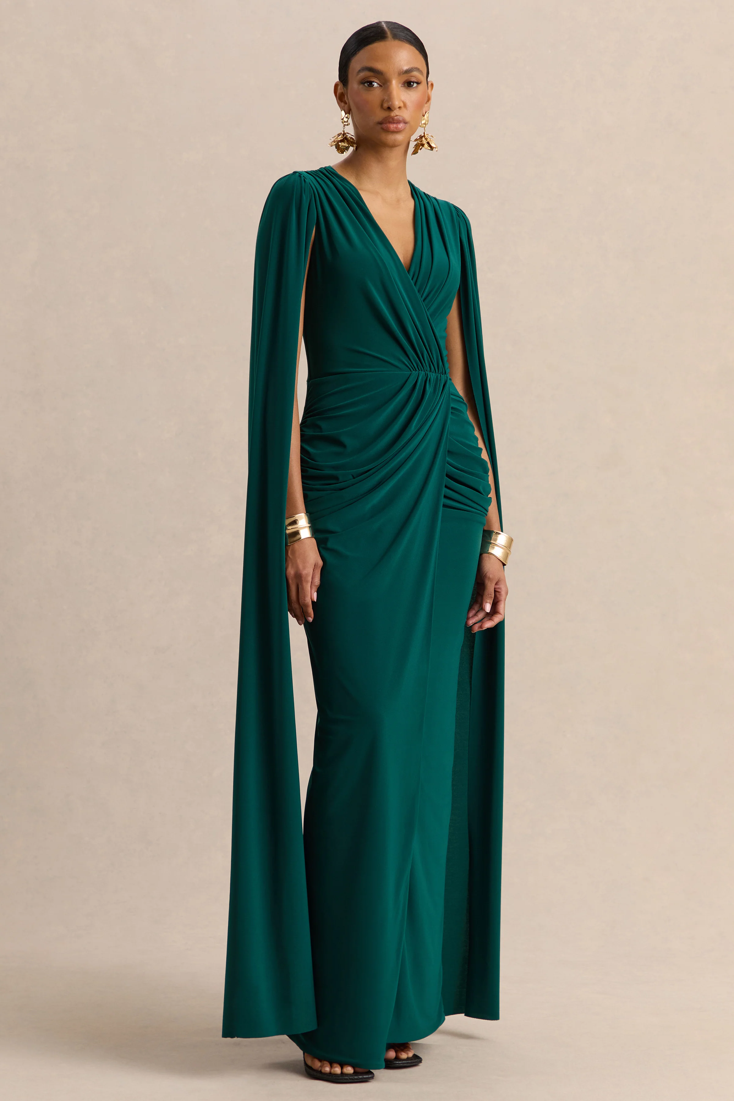 Ulissia | Bottle Green V-Neck Maxi Dress With Cape-Sleeves