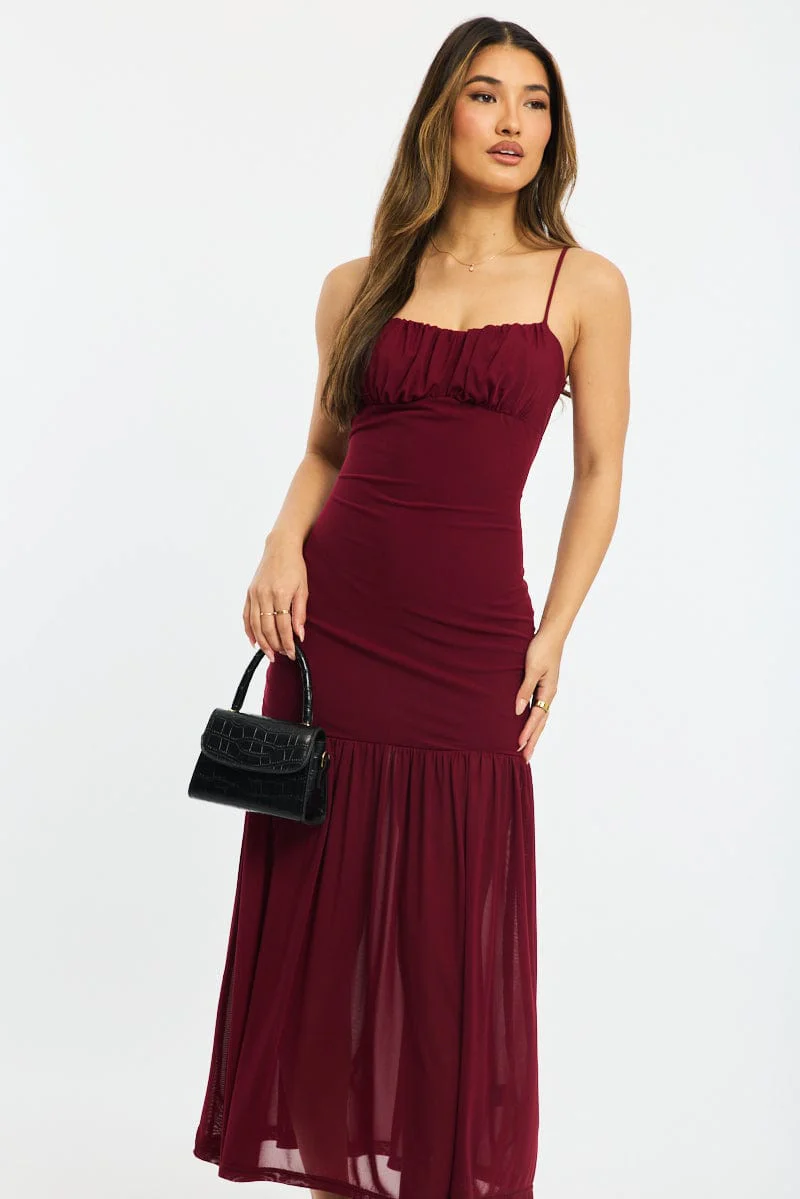 Red Maxi Dress Gathered Bust Mesh