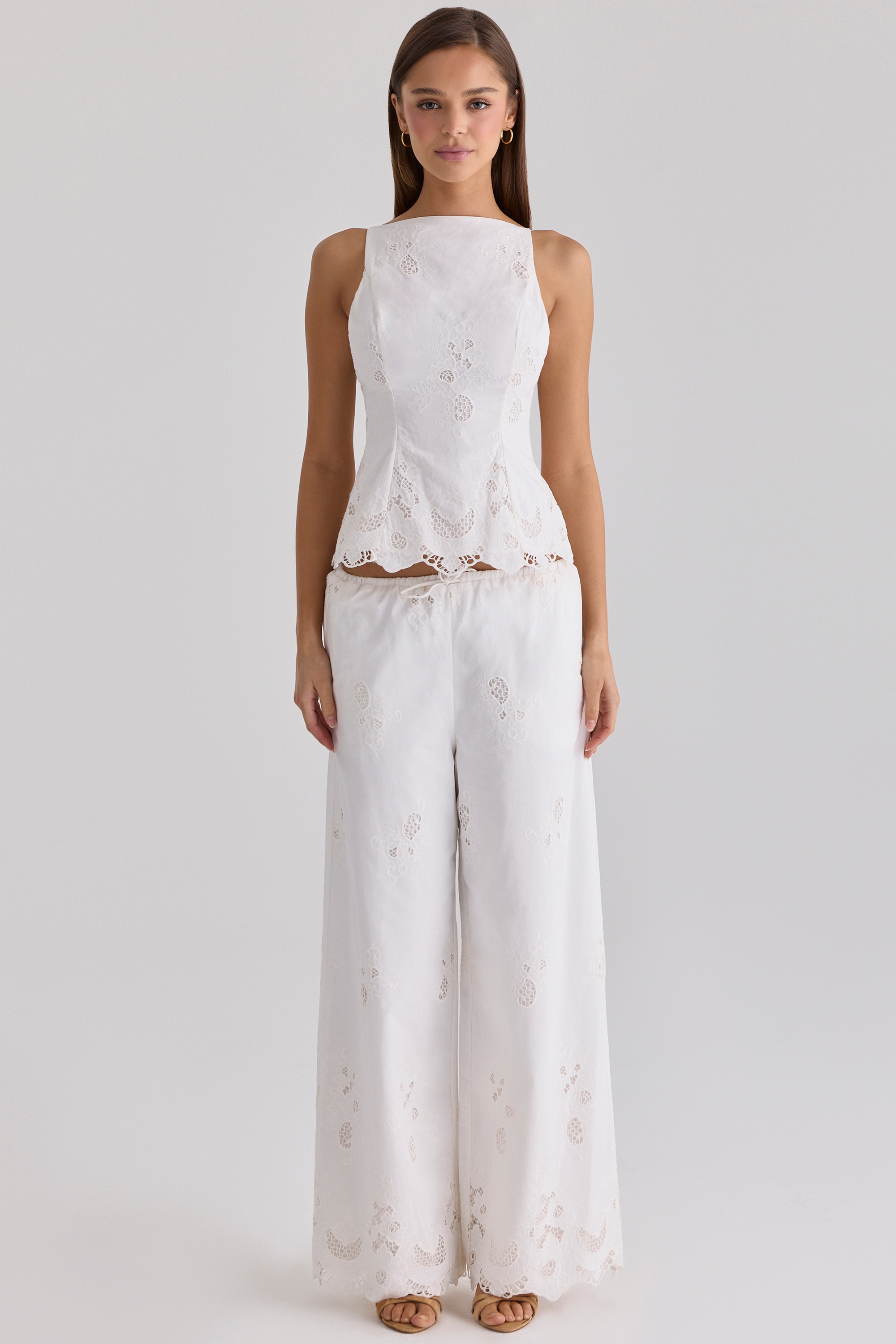 white cotton broderie anglaise wide leg trousers
