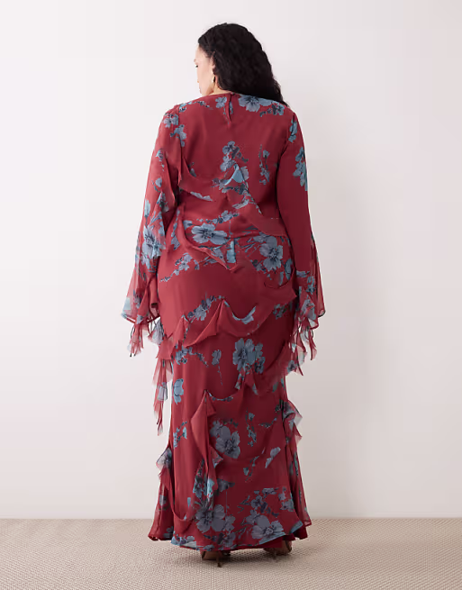 Curve draped raw edge ruffle trim long sleeve maxi dress in floral print