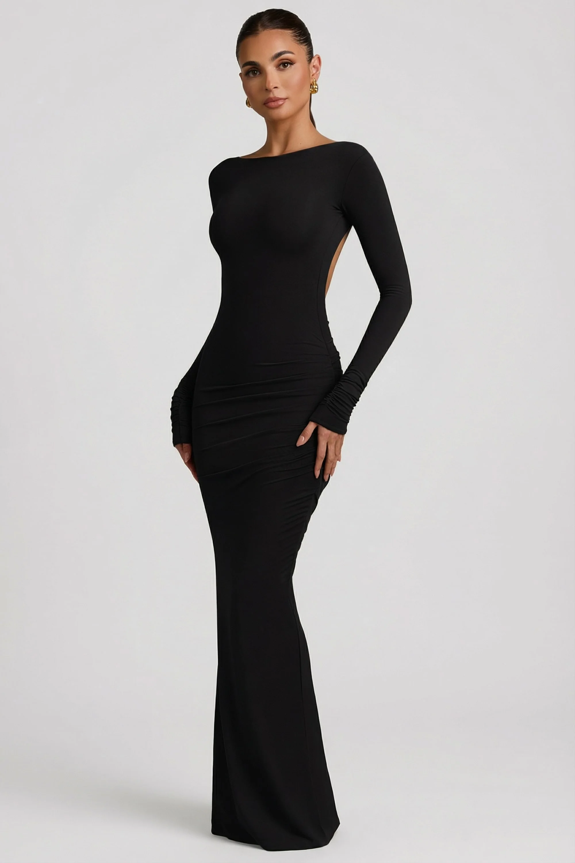 Modal Ruched Backless Maxi Dress in Black