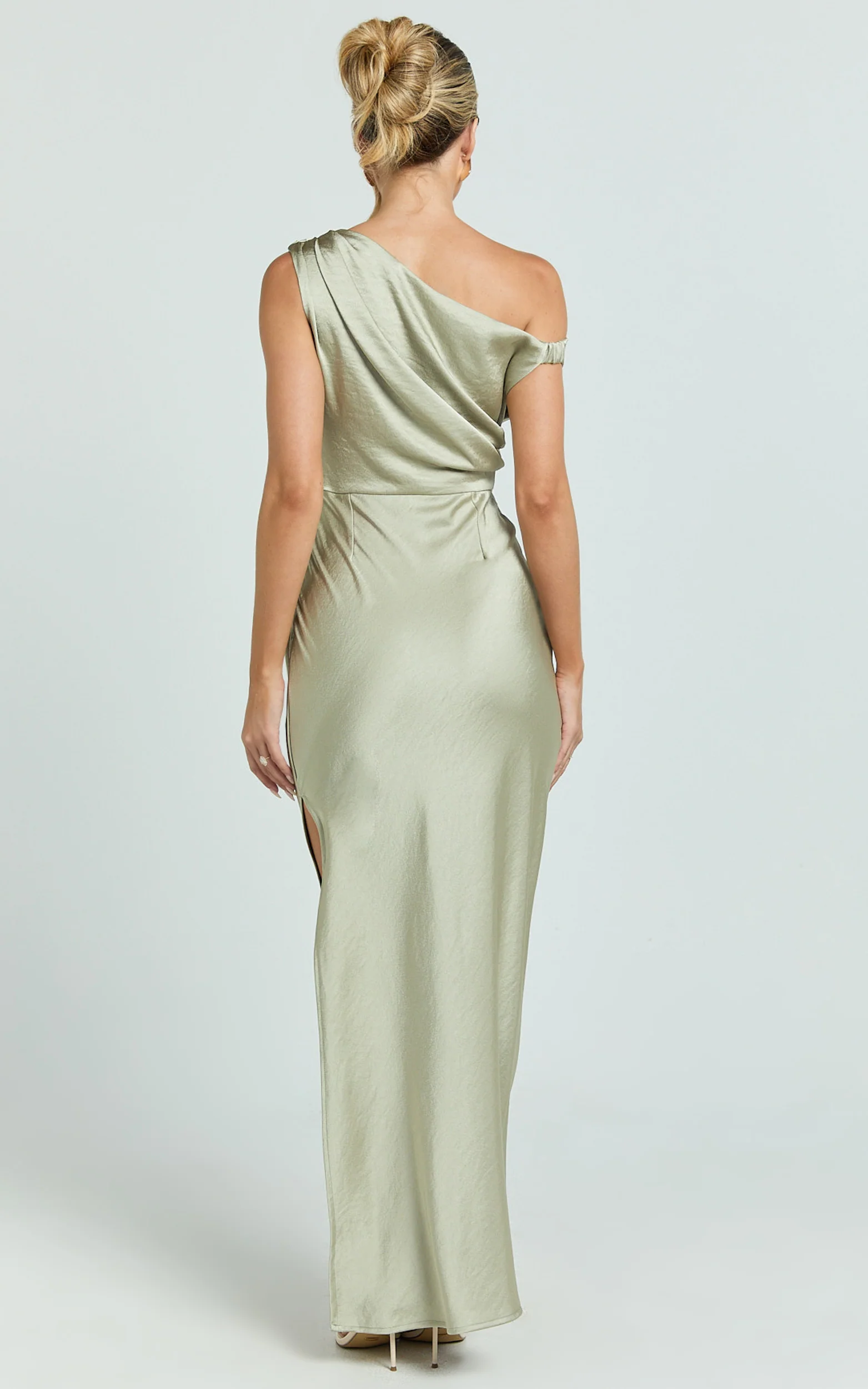 Laurie Maxi Dress - One Shoulder Tie Detail Dress in Light Olive