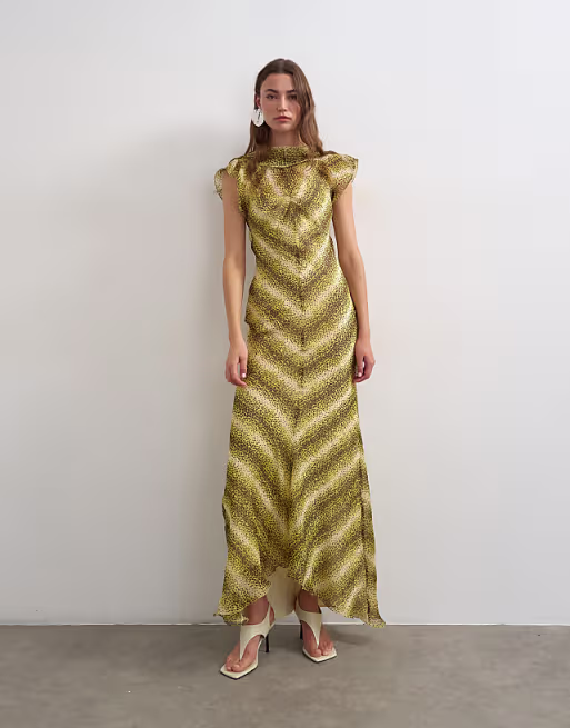 Topshop scarf detail chiffon maxi dress in yellow animal print