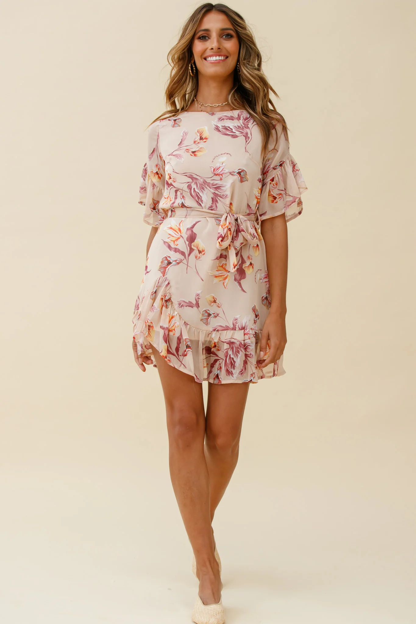 Azealia Ruffle Hem Dress Botanic Print Beige