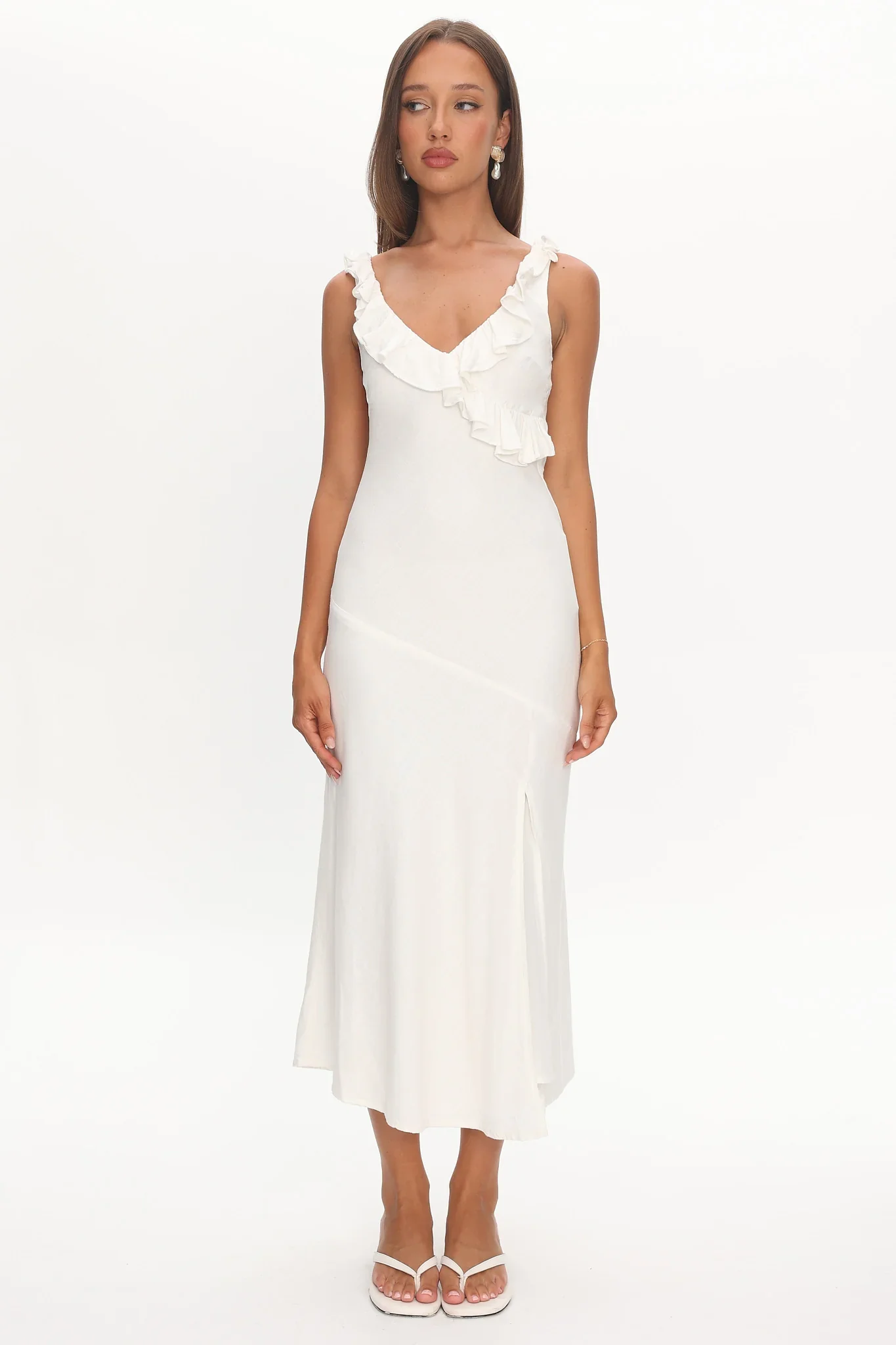 Alba Frill Trim Midi Dress White