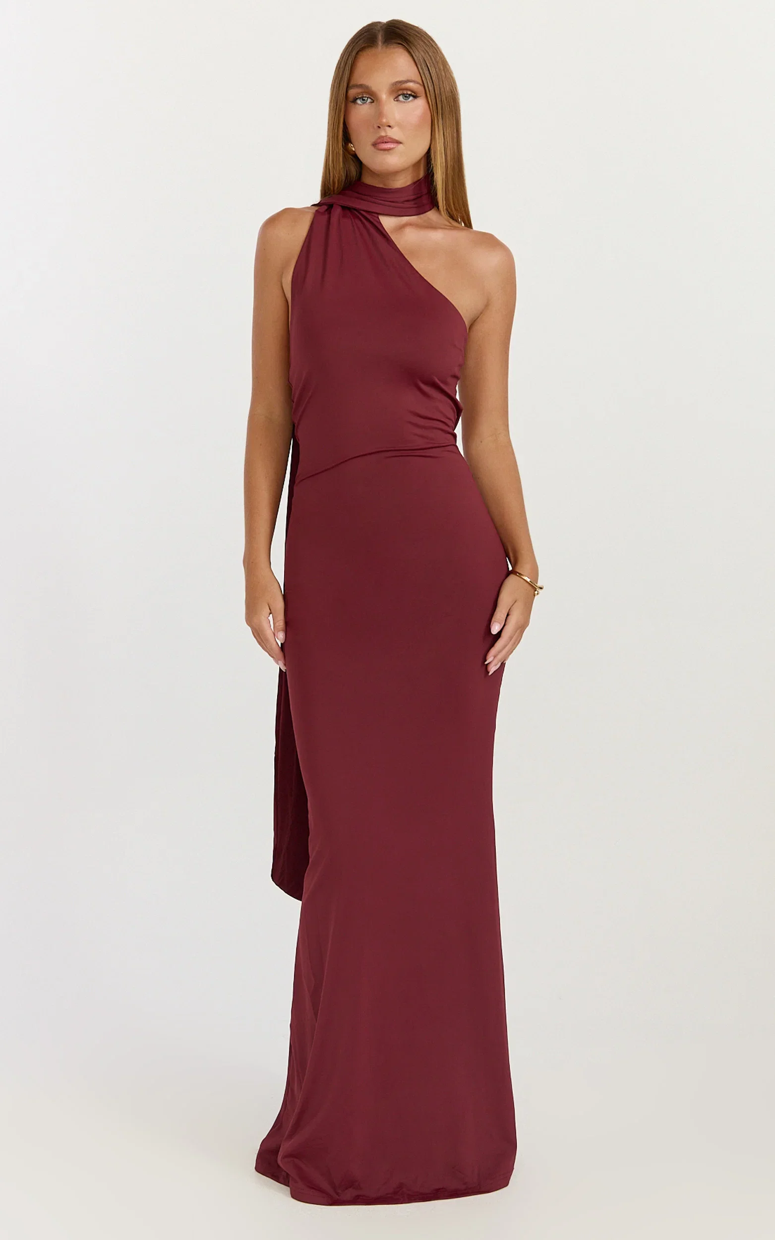 Seraphine Maxi Dress - Halter Neck Low Back Fit And Flare Dress in Wine
