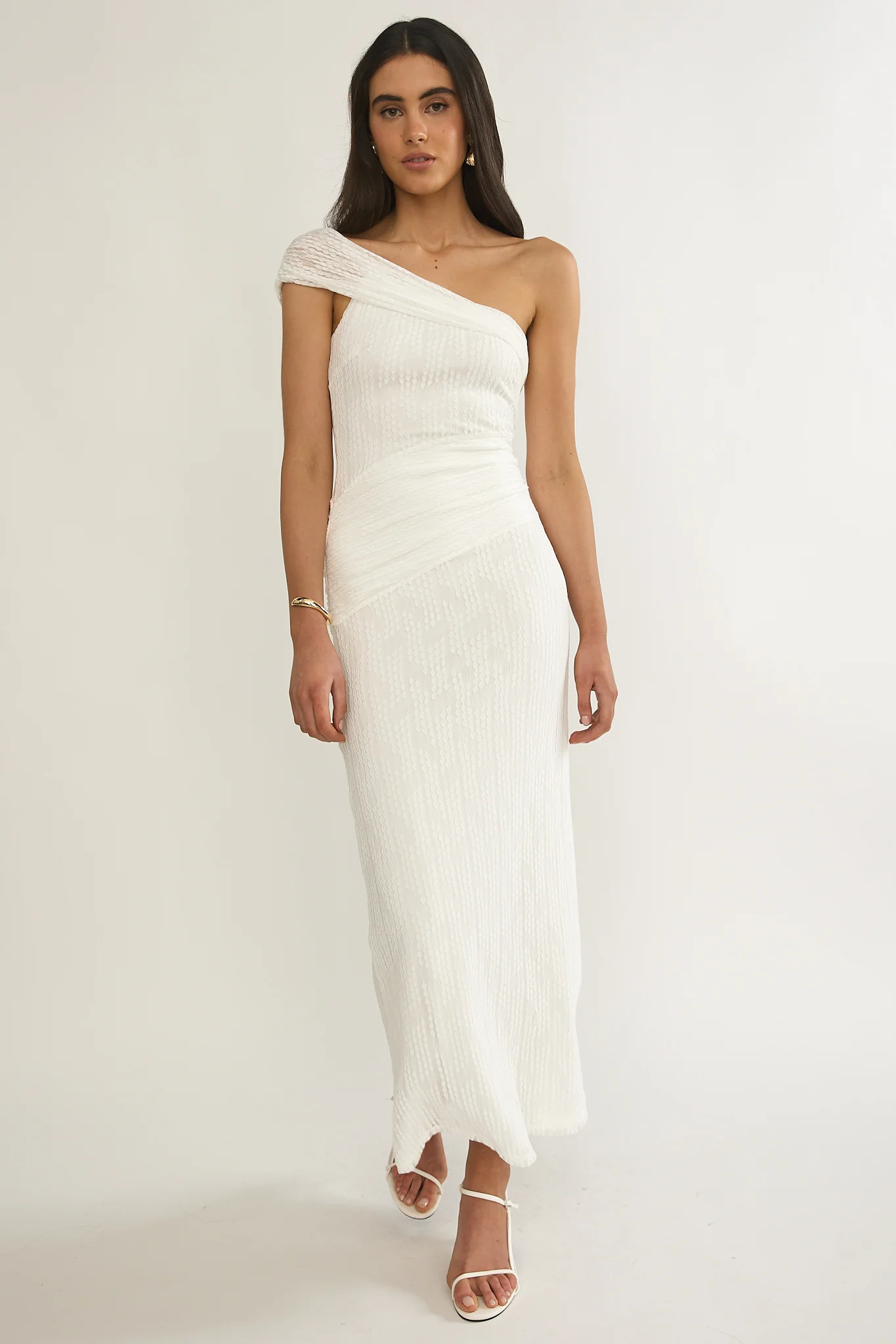 Gala One-Shoulder Textured Maxi Dress White