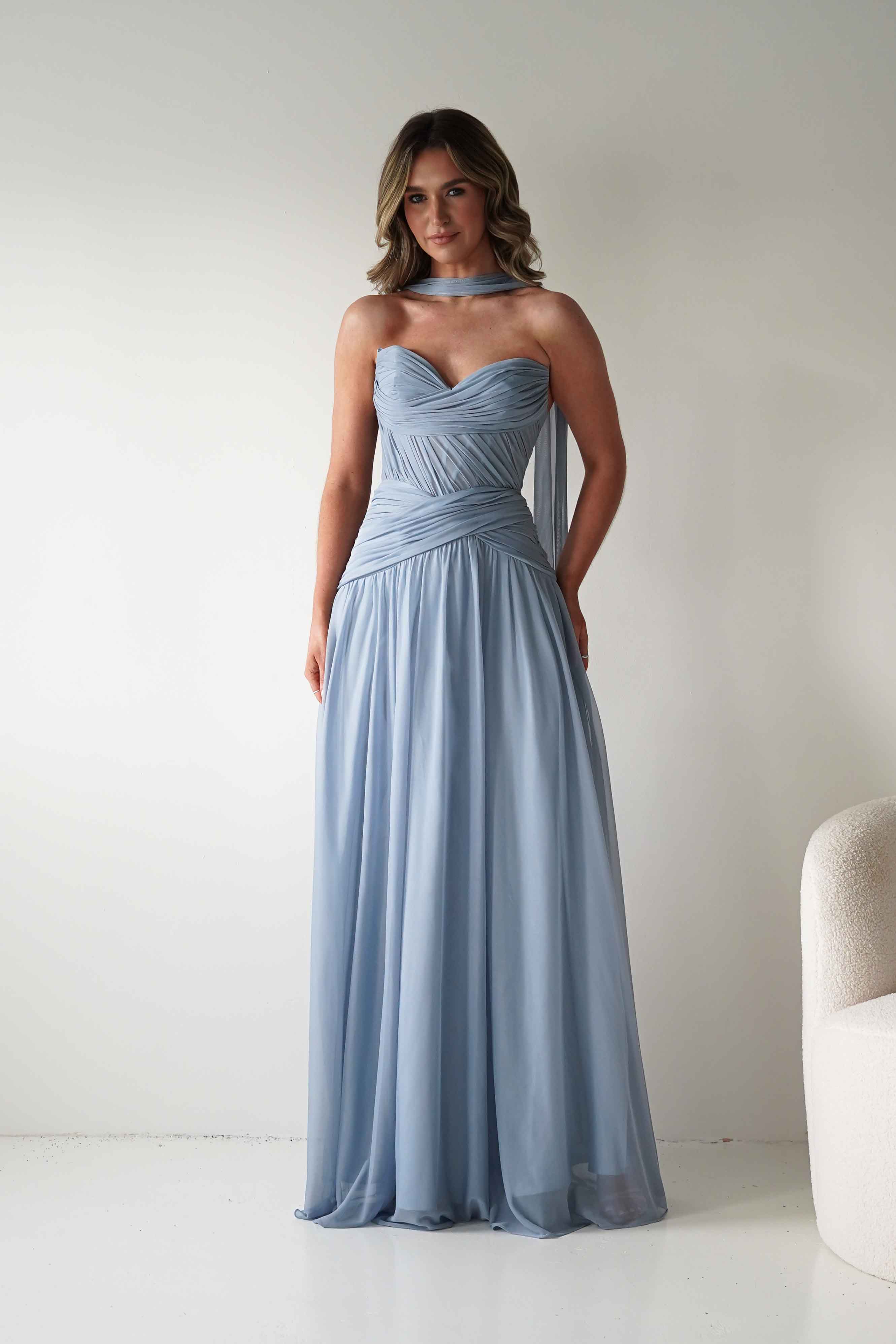 Nicolette Strapless Chiffon Maxi Gown | Dusty Blue