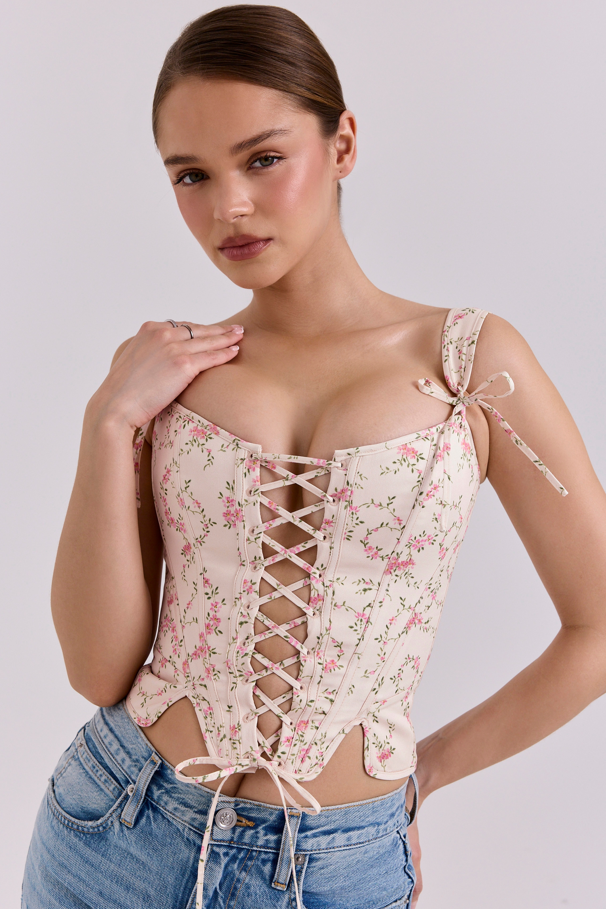 Cream Vintage Floral Cotton Corset Top