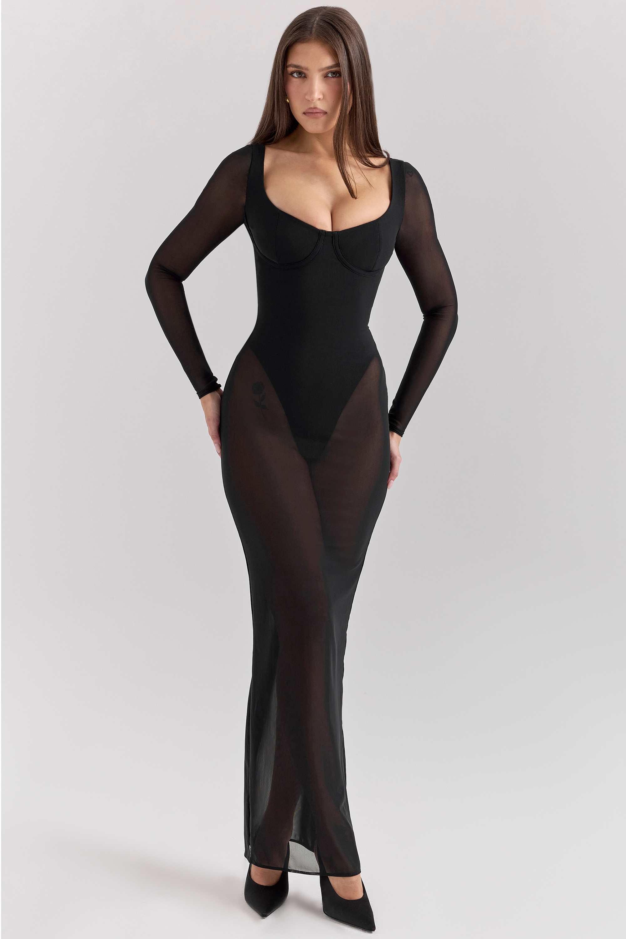 black mesh maxi dress with bodysuit