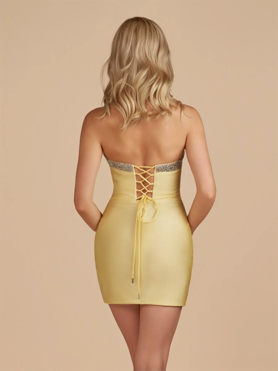 Yellow Bodycon Strapless Cut Out Satin Beaded Homecoming Dress With Bows